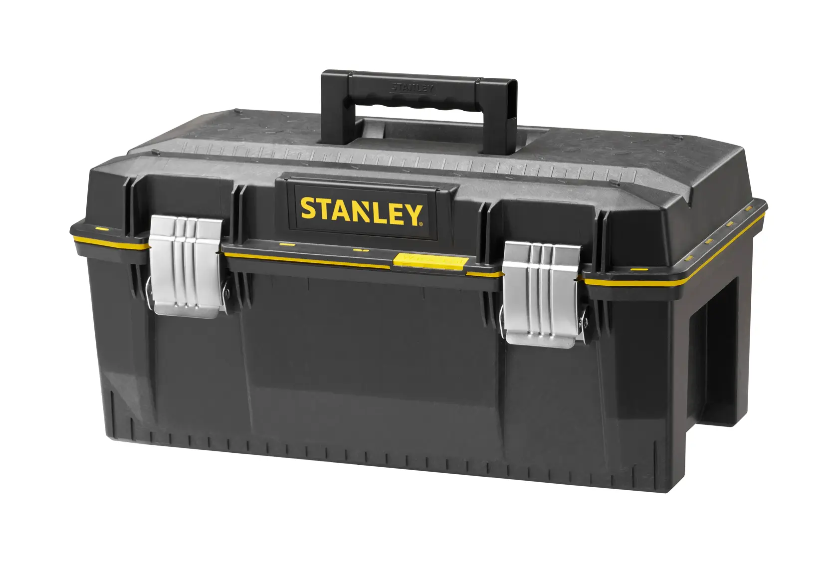 Black Stanley toolbox with metal latches, yellow accents and a handle on top, closed and shown on a white background.
