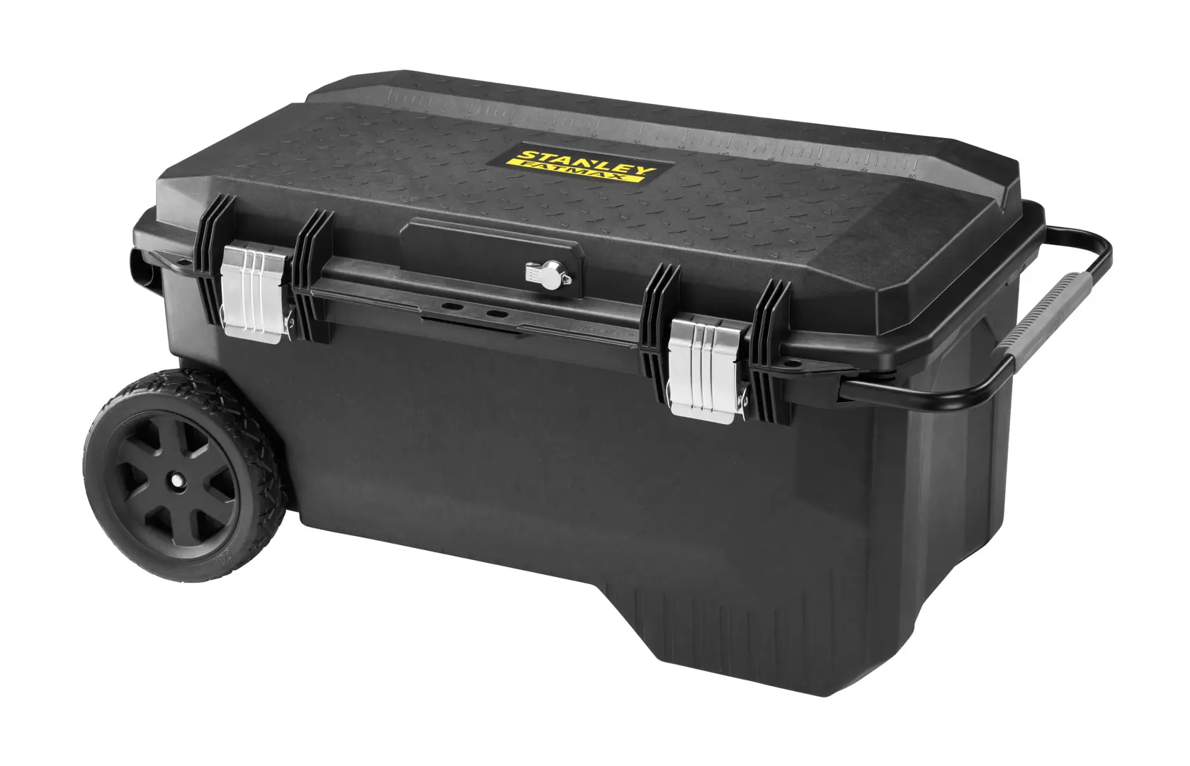 STANLEY 1-94-850 black wheeled toolbox with metal latches, front angle on white background.