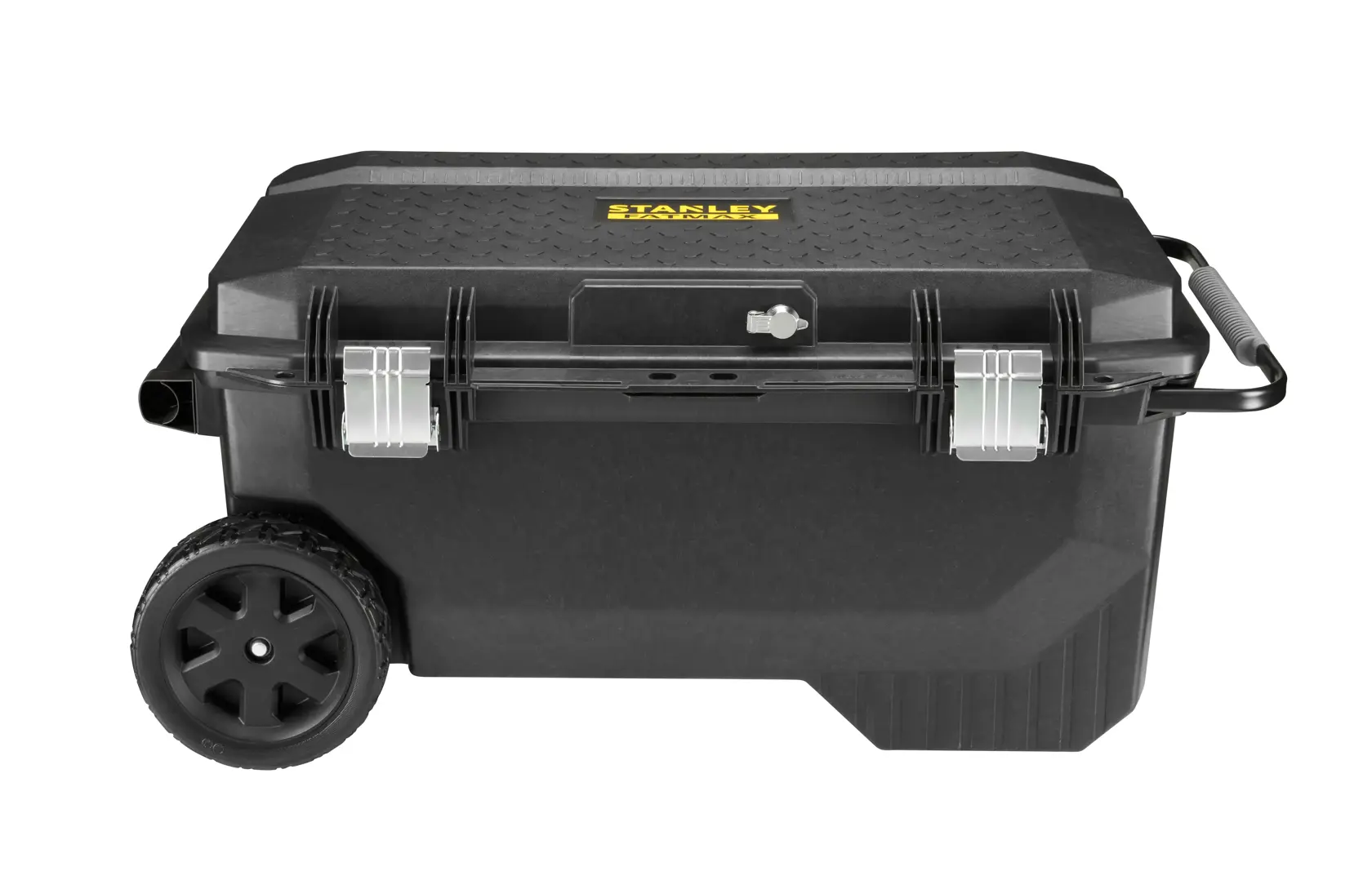 STANLEY 1-94-850 wheeled black toolbox, front view, showing robust latches and large carrying handle.