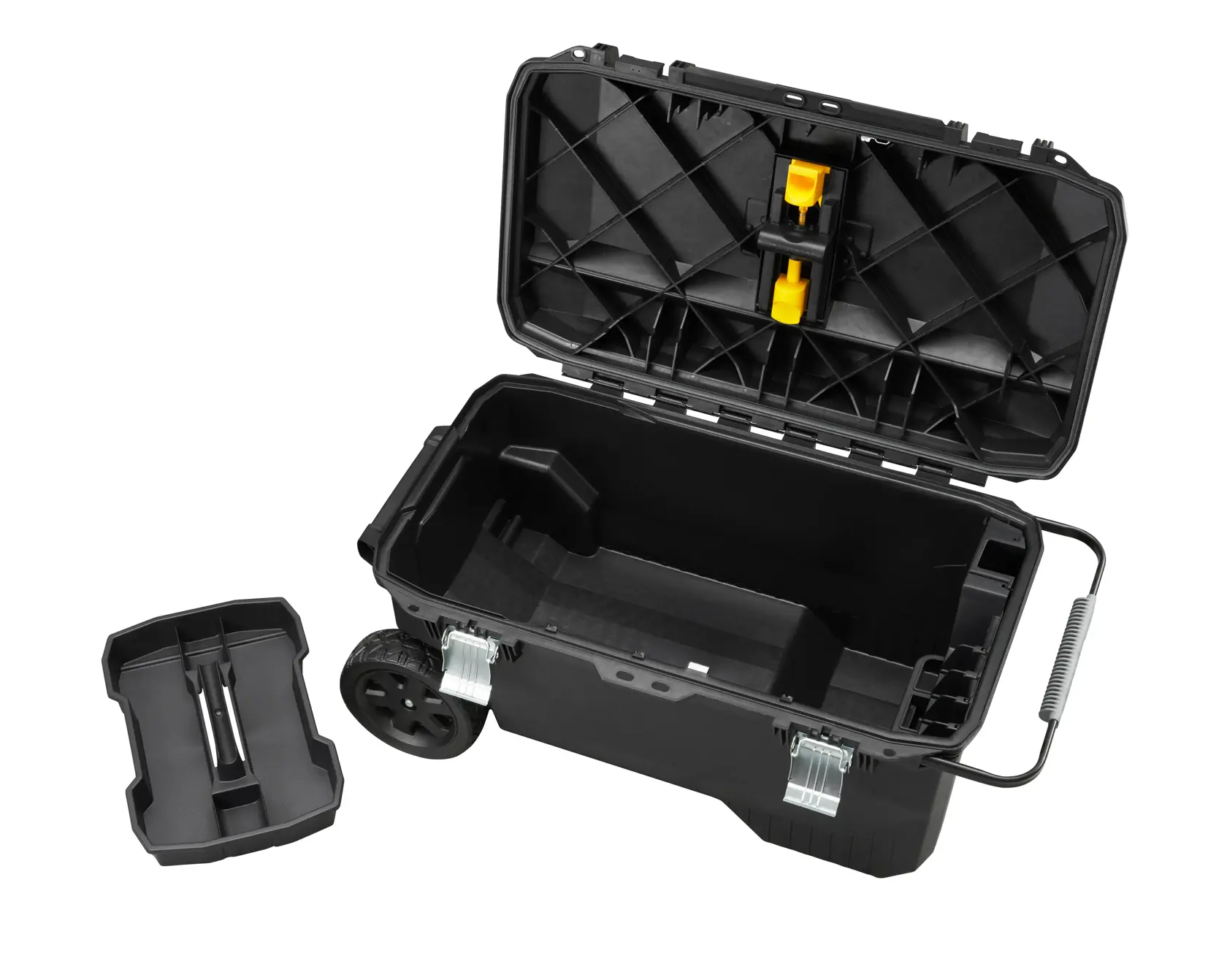 STANLEY 1-94-850 black wheeled tool box with open lid, removable tray, and metal latches, top view.
