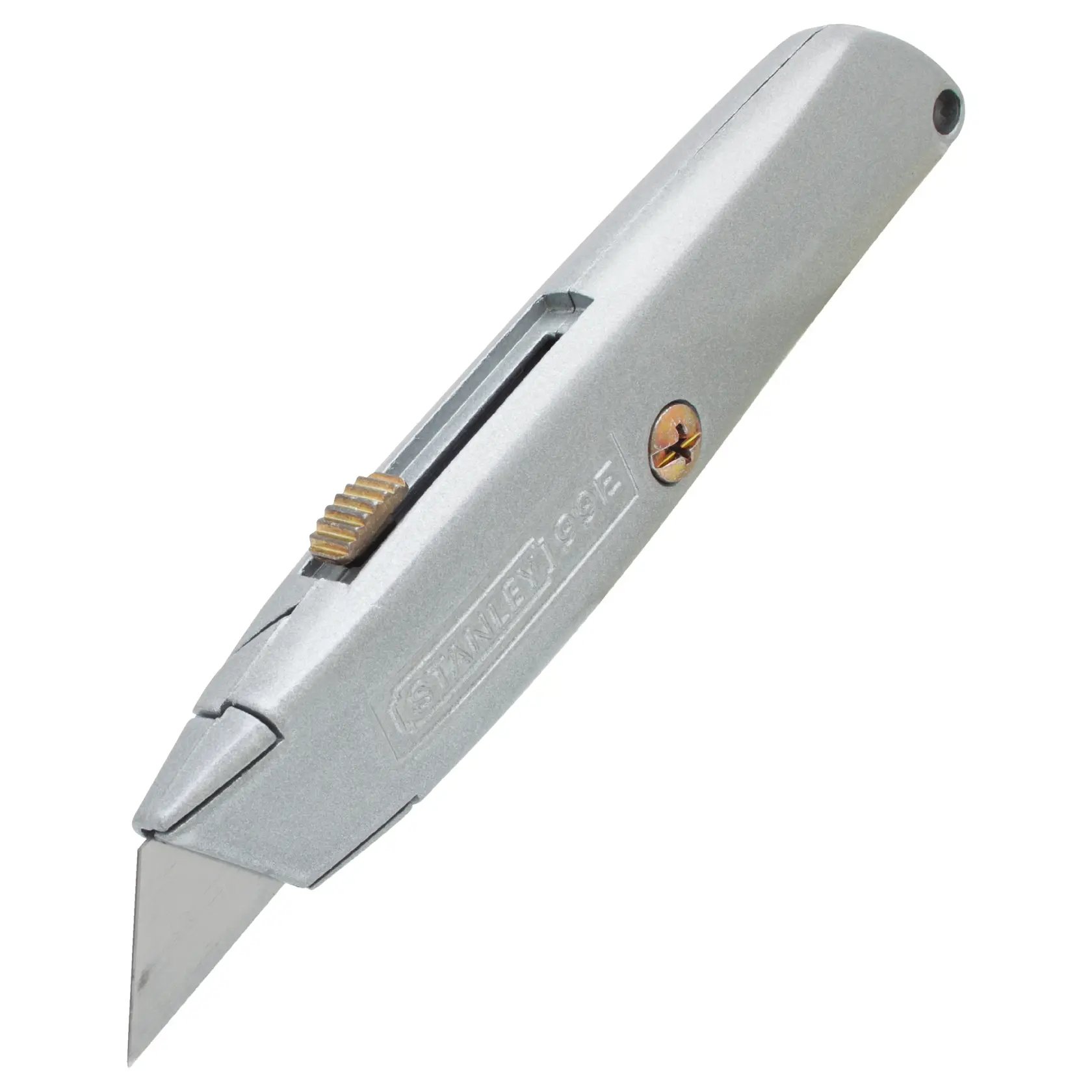 STANLEY 10-099-KR utility knife with silver metal body, angled view on white background.