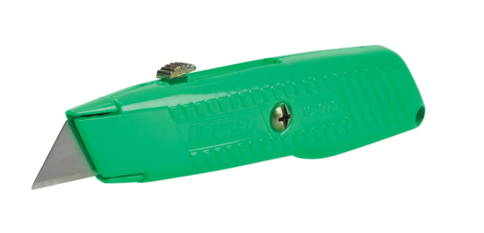 STANLEY green utility knife side angle on white background, retractable blade and textured grip handle