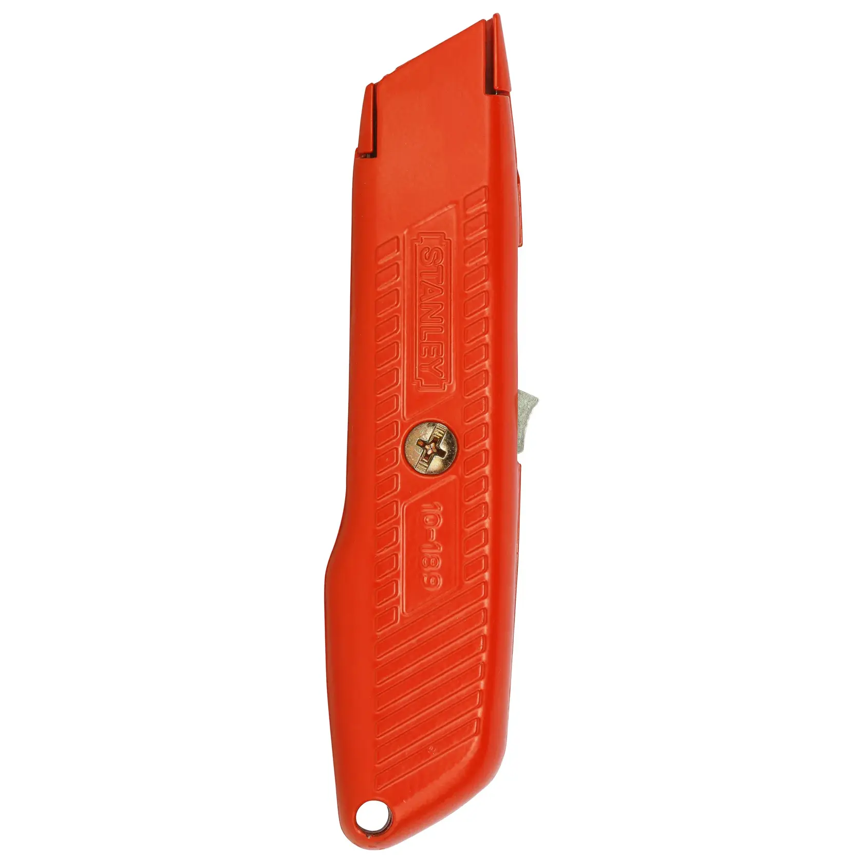 STANLEY 10-189C utility knife with red handle, side view, single brass screw, white background.