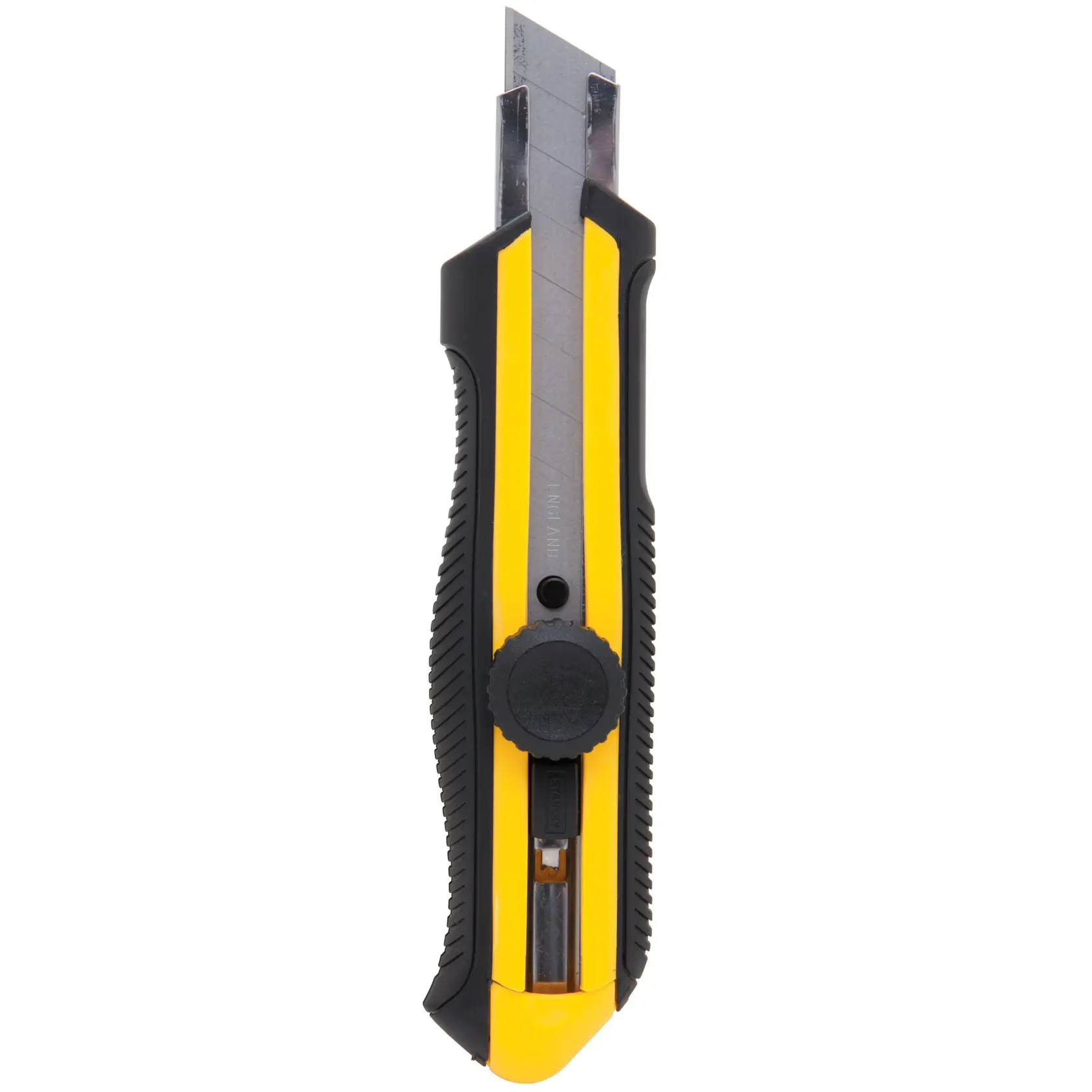 STANLEY utility knife with retractable segmented blade, black and yellow handle, front view on white background