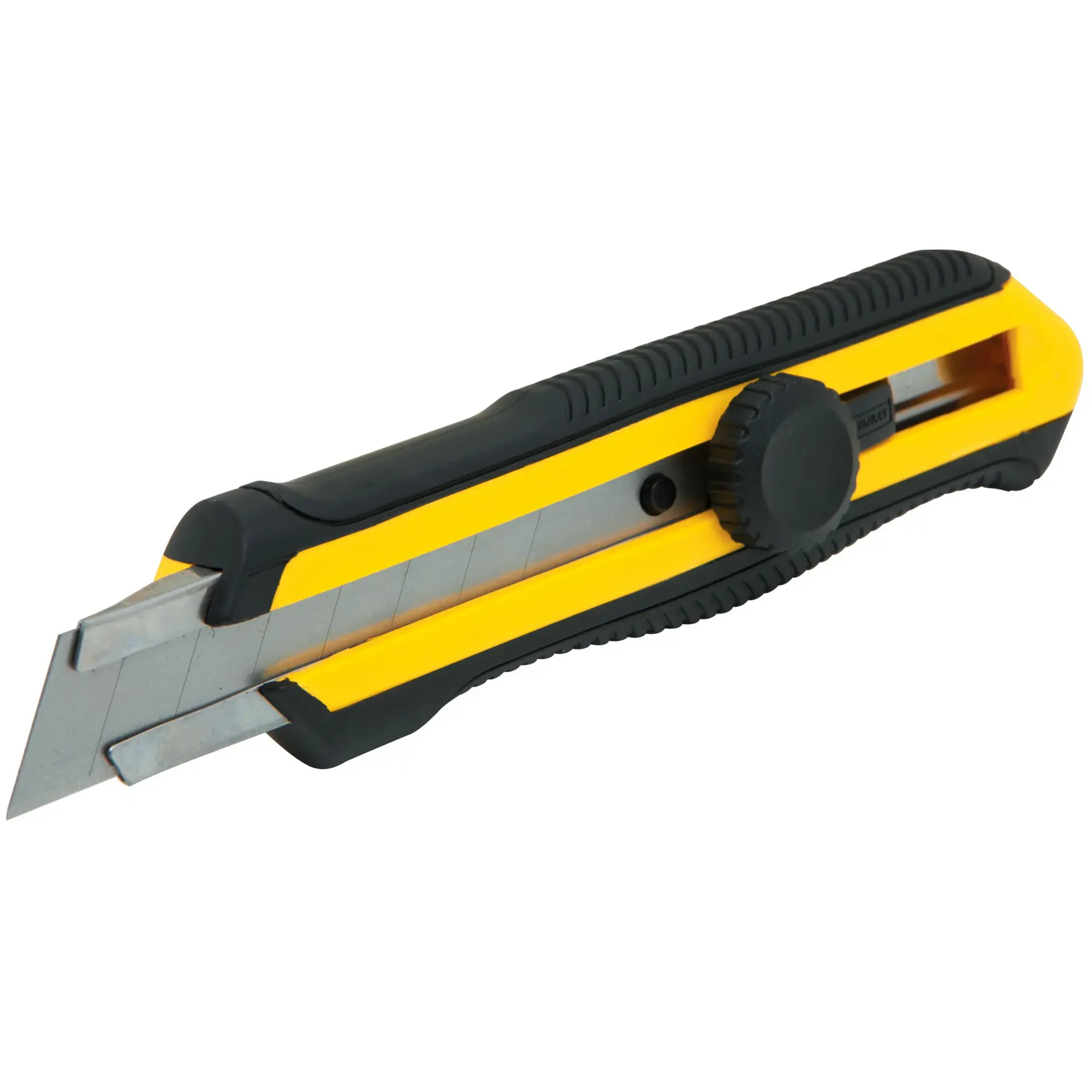 Stanley utility knife, yellow and black, angled side view, retractable segmented blade, textured grip