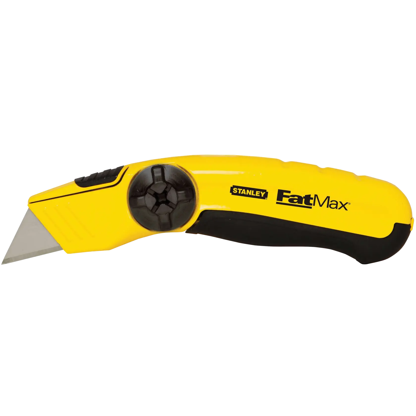 Stanley FatMax yellow utility knife side view, black grip and exposed blade, white background