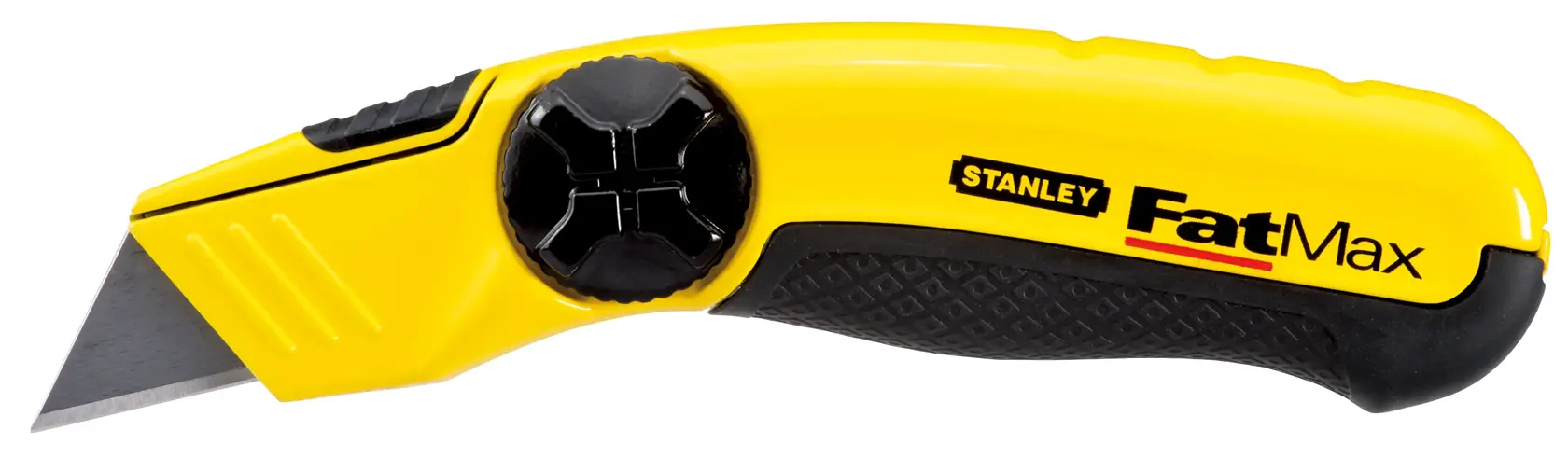 Photo of STANLEY 10-780 utility knife, yellow and black handle, angled view on white background.