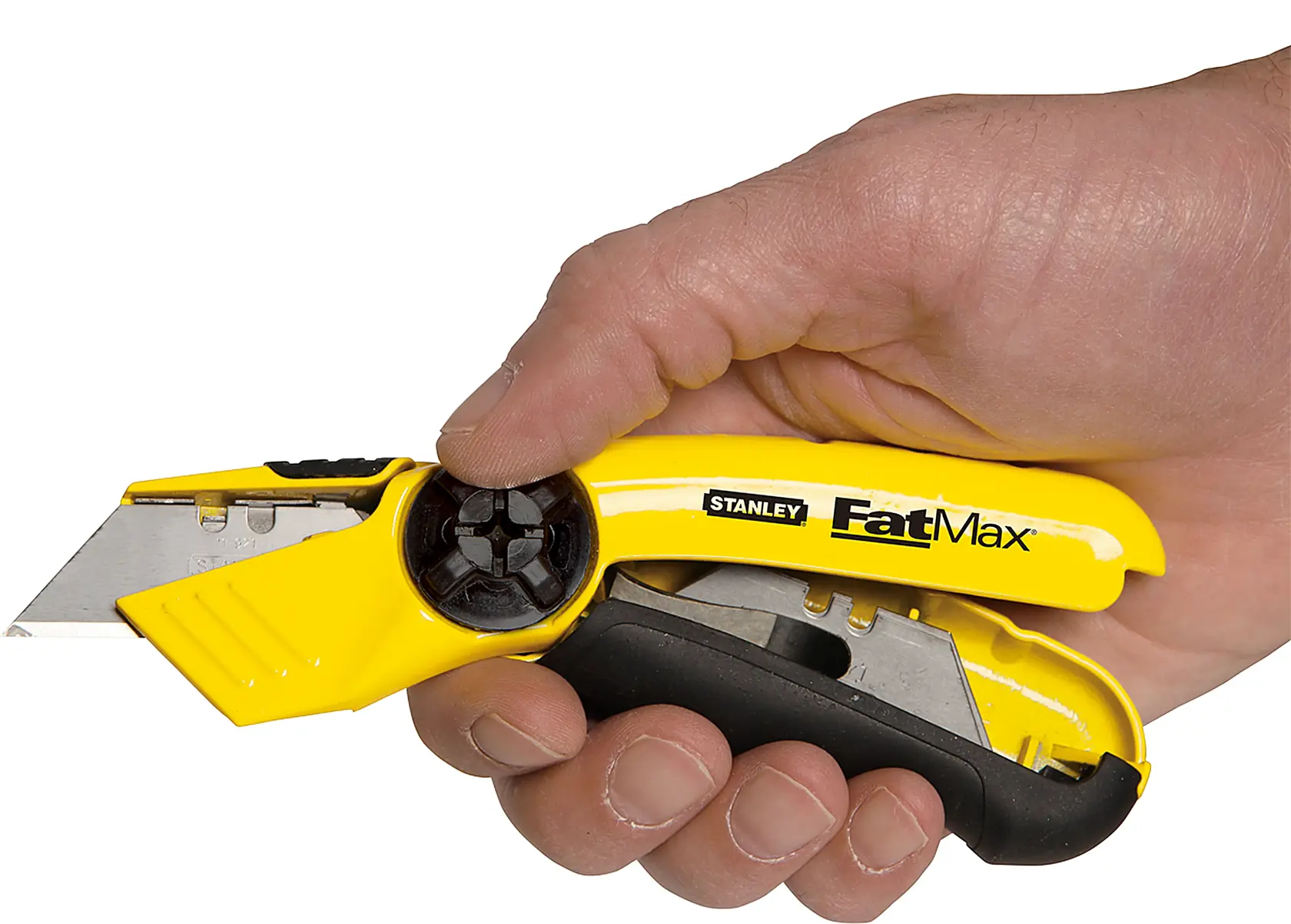 Photo of STANLEY 10-780 utility knife, yellow and black, held in hand, blade extended, product close-up.