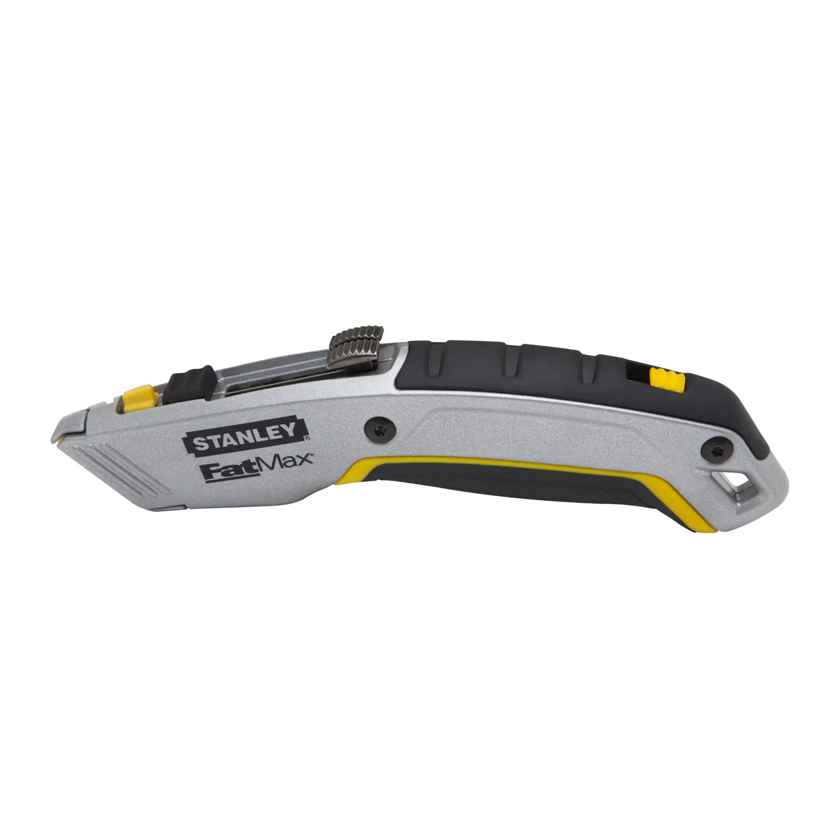 Stanley FatMax utility knife side view, silver body with black and yellow accents on white background.