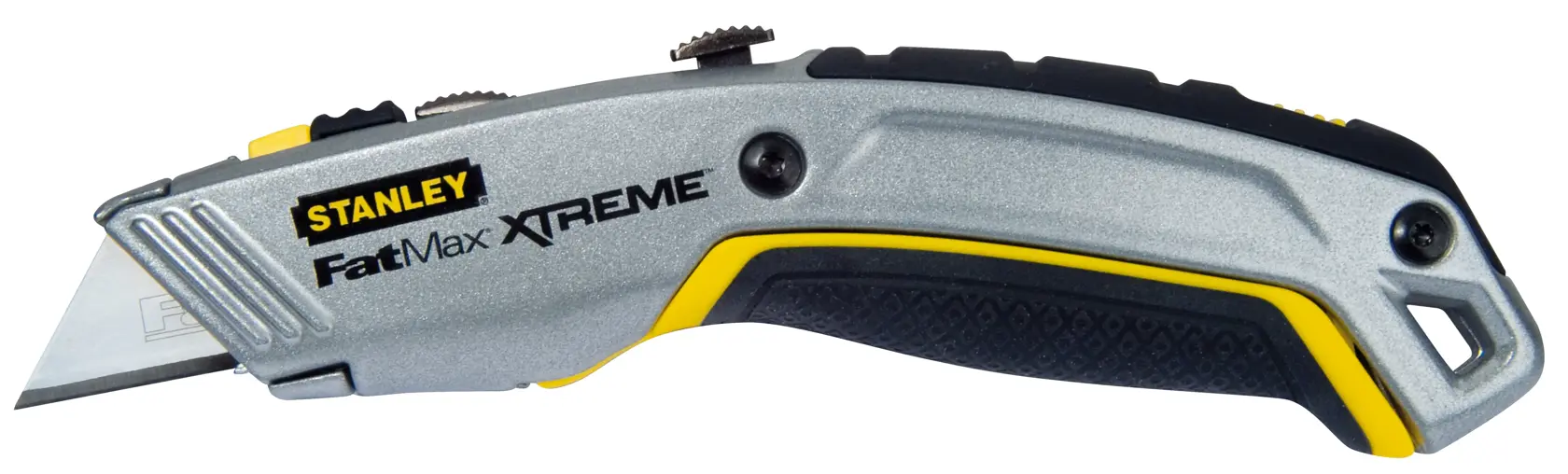 Photo of STANLEY 10-789 utility knife with silver, black, and yellow handle, side view on white background.