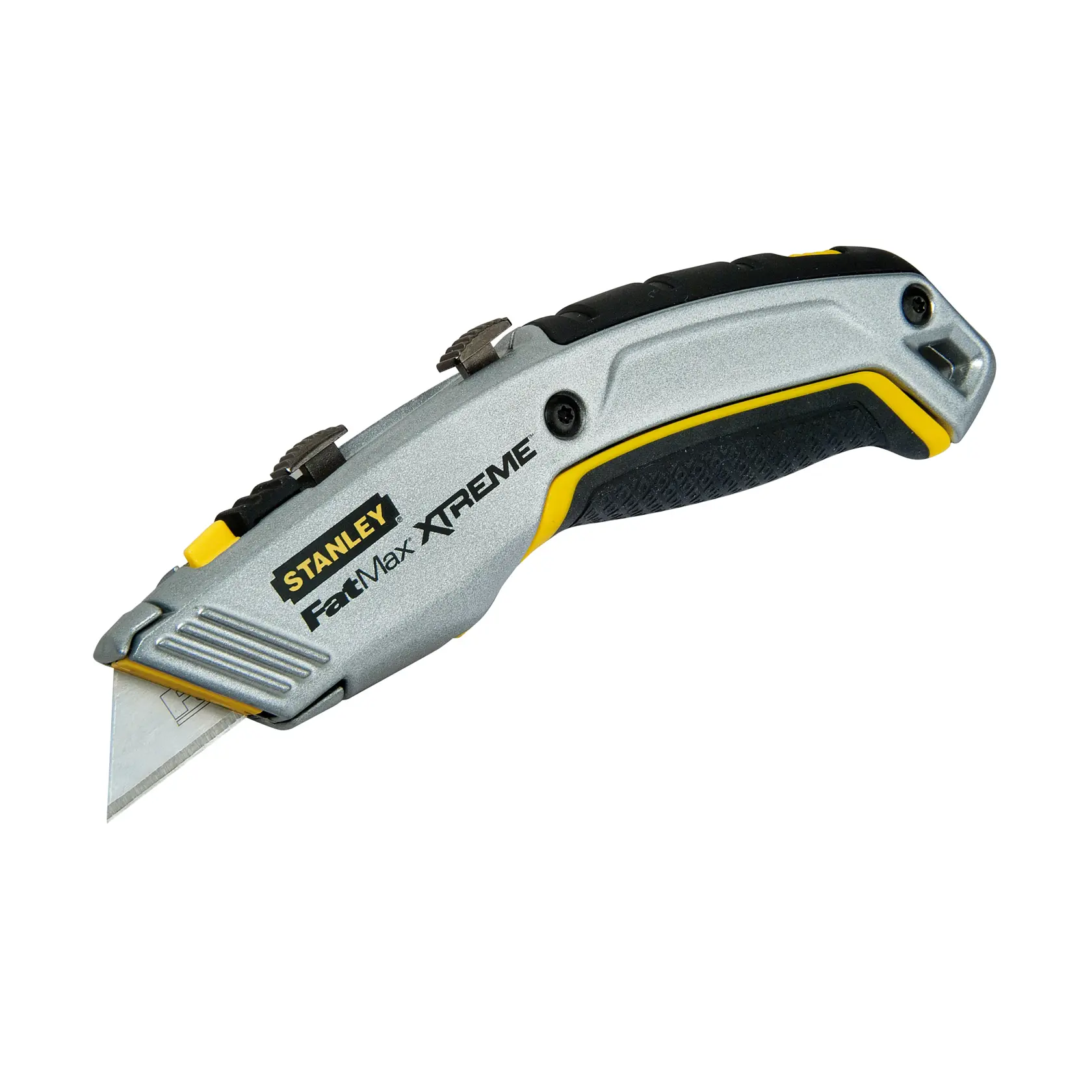 STANLEY 10-789 silver and yellow utility knife with ergonomic grip, side angle, white background.