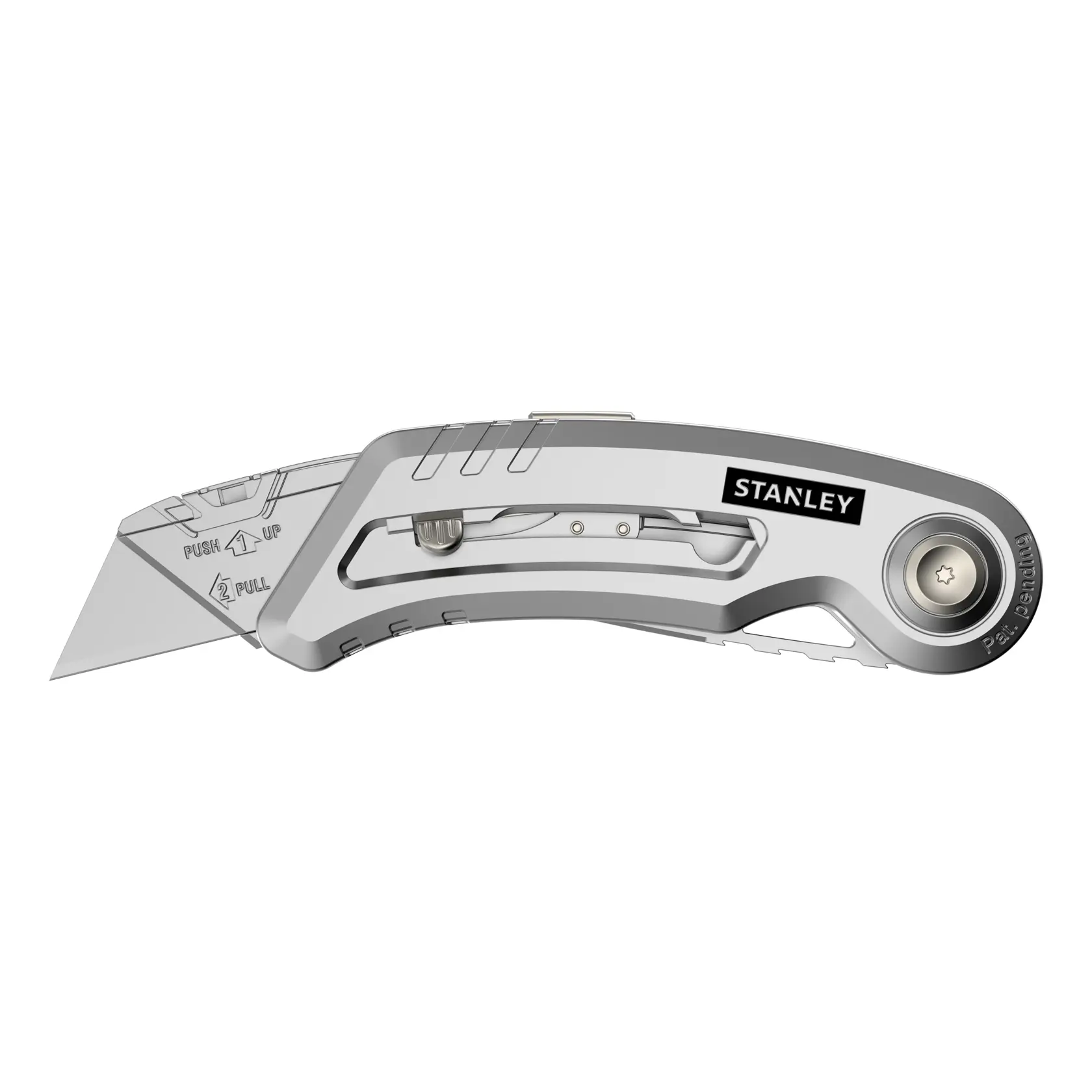 STANLEY 10-813 folding utility knife, silver color, side angle, partially serrated blade.