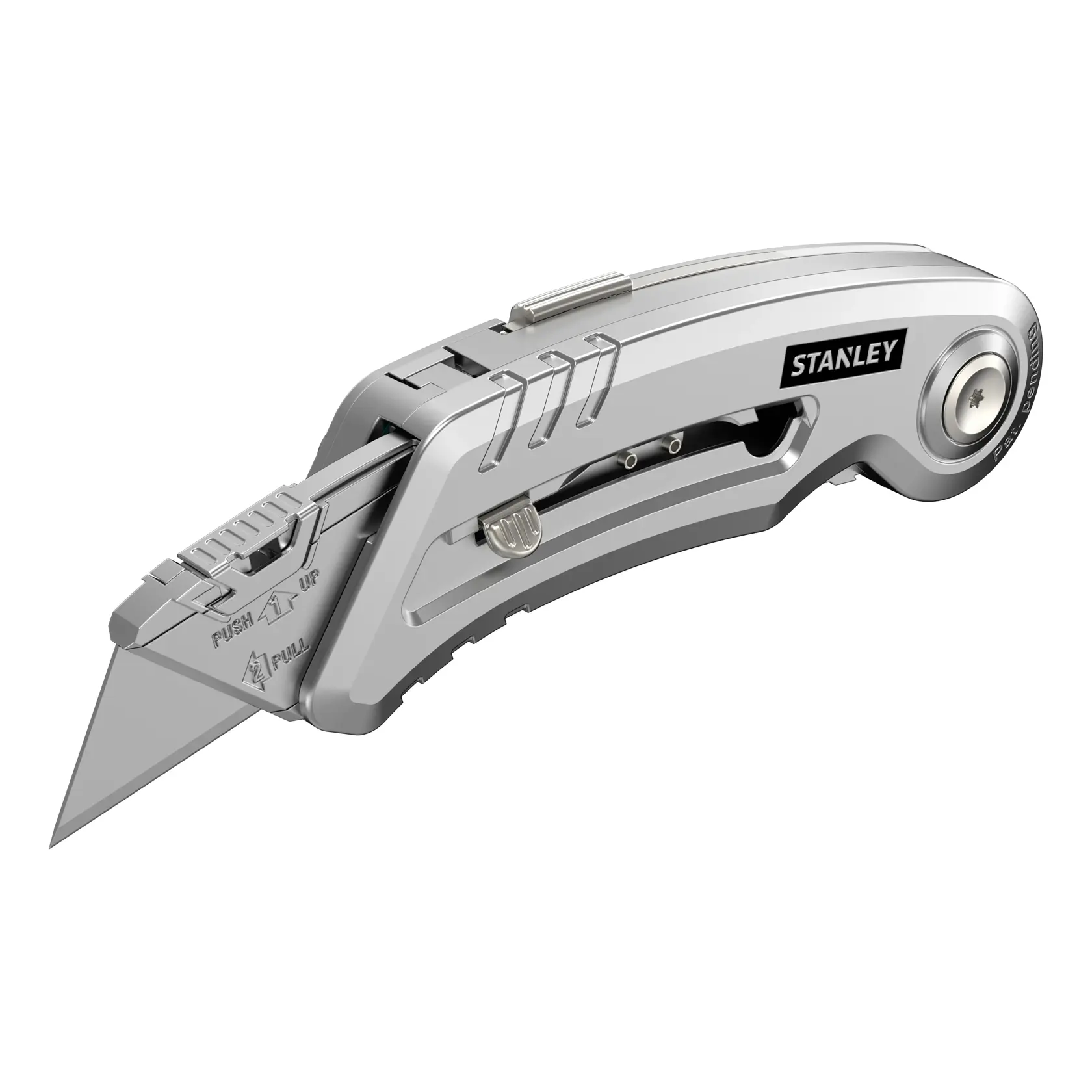 STANLEY 10-813 silver utility knife side view on white background.