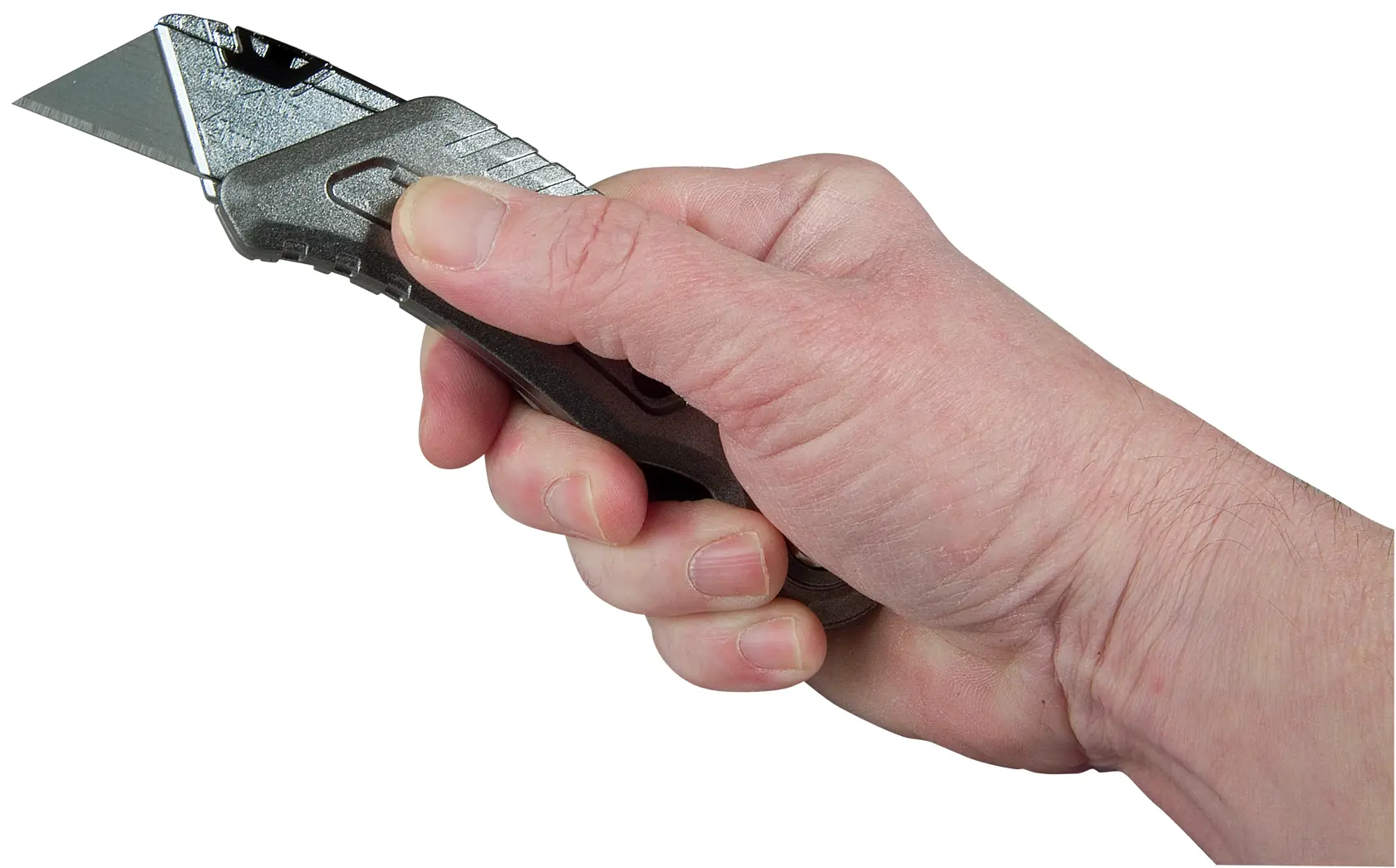 STANLEY 10-813 utility knife held in hand, close-up side angle, metallic handle and exposed blade.