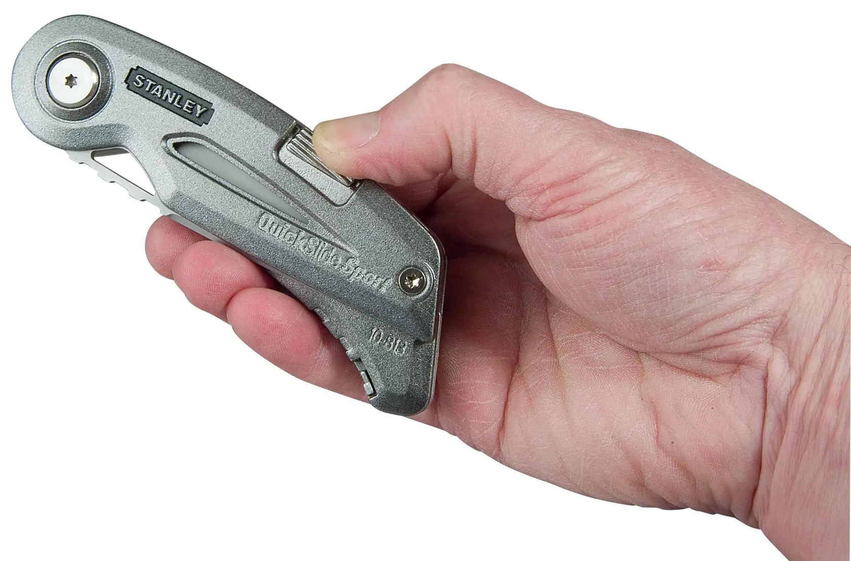 Photo of STANLEY 10-813 utility knife held in hand, silver metal body, side view, QuickSlide Sport model.