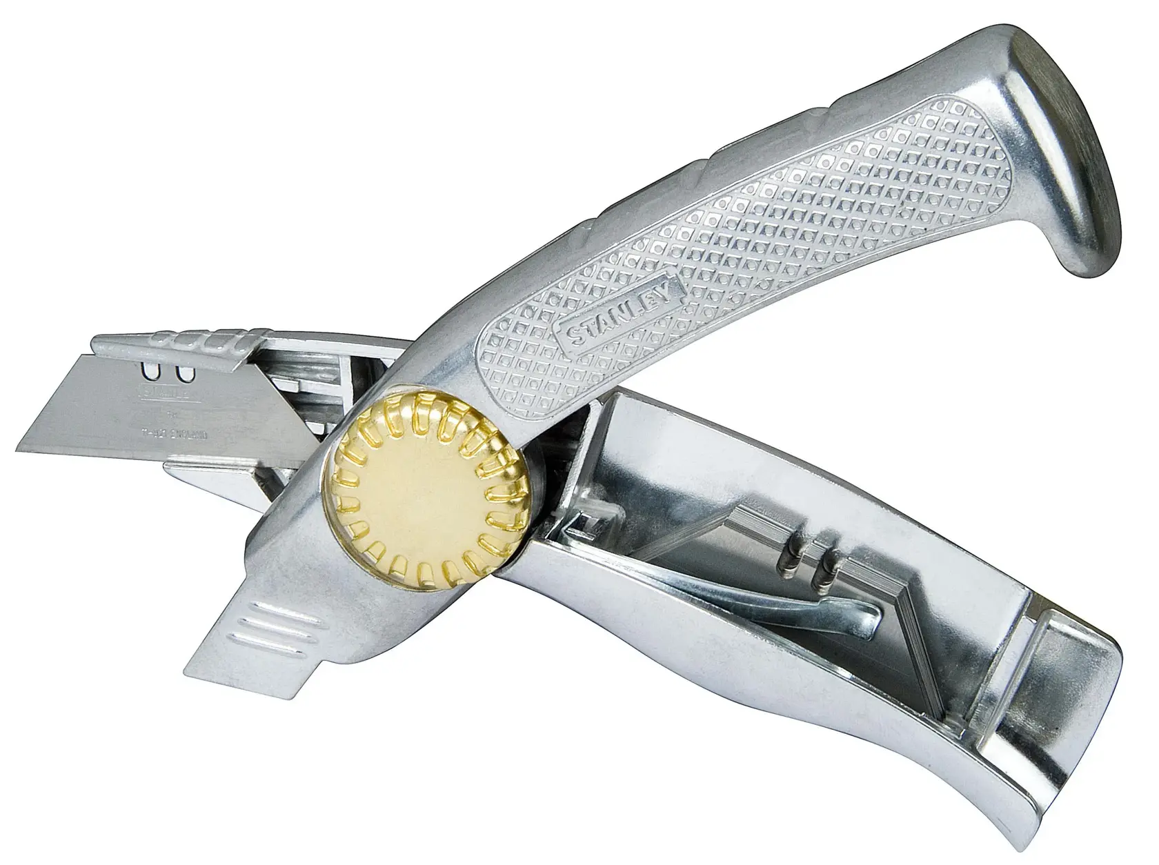 STANLEY 10-815 metal utility knife with gold adjustment wheel, open side view showing blade and storage.