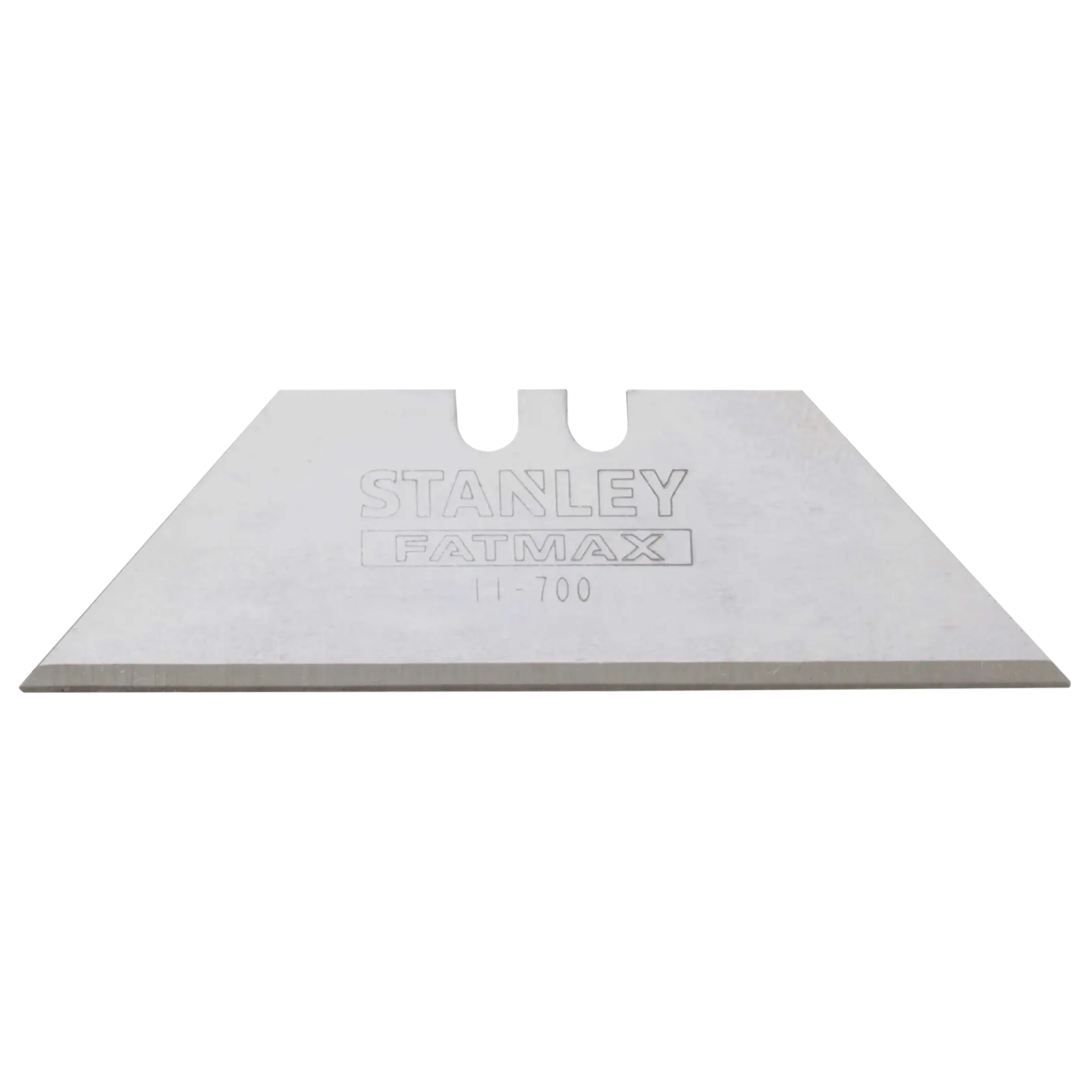 Stanley FatMax utility knife blade, silver color, straight-on angle, sharp edge, white background