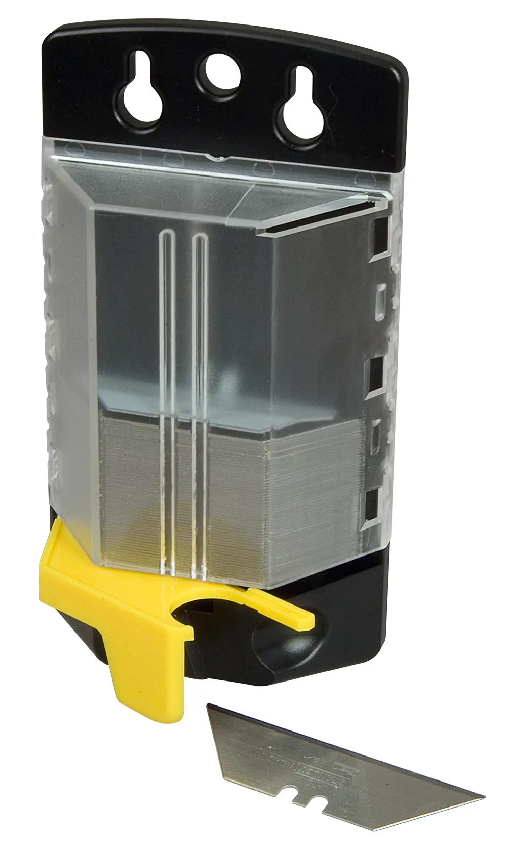 STANLEY 11-700A utility blade dispenser with yellow slider and one silver replacement blade, front angle.