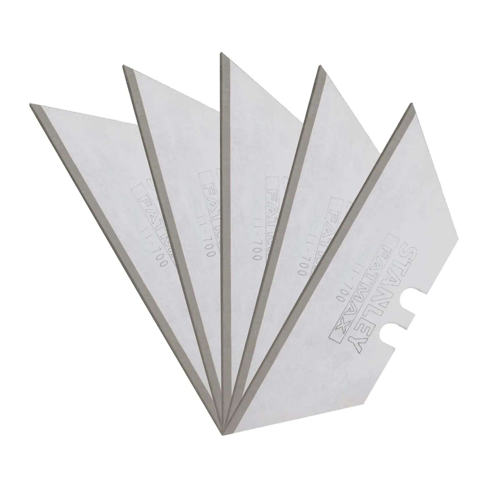 STANLEY 11-700 utility knife blades, set of five, silver color, fanned out, white background.