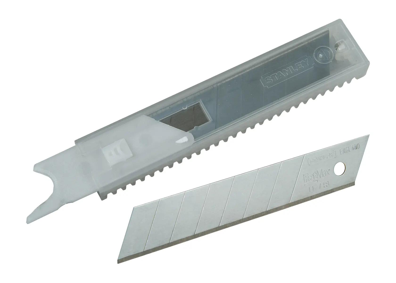 Photo of STANLEY 11-718T snap-off utility knife blades with transparent storage case, angled on white background.