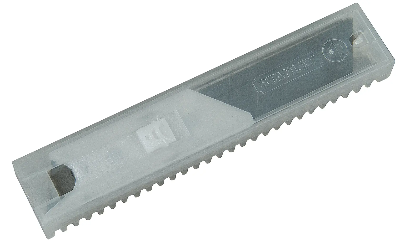 STANLEY 11-718T utility blade pack in clear plastic case, angled product view.