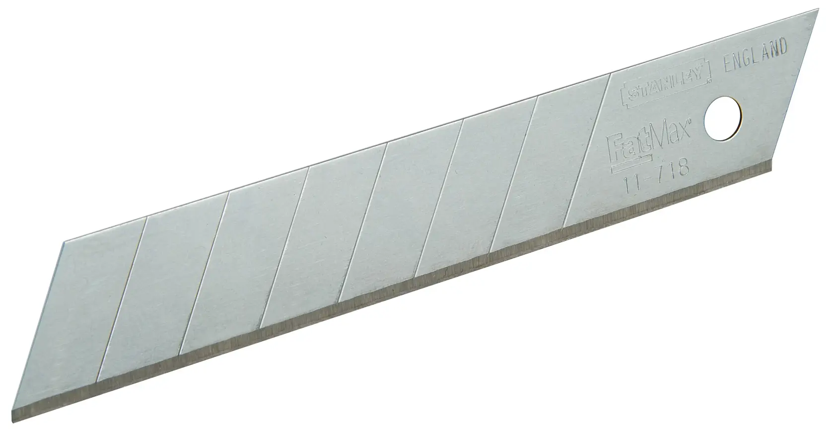 STANLEY 11-718T snap-off utility blade, silver metal, product side angle on white background.