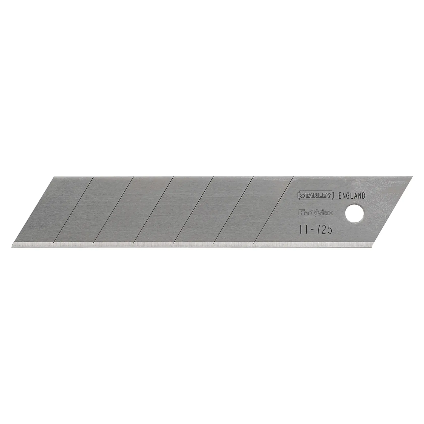 STANLEY 11-725 utility knife replacement blade, segmented snap-off, silver metal, flat side view on white background.