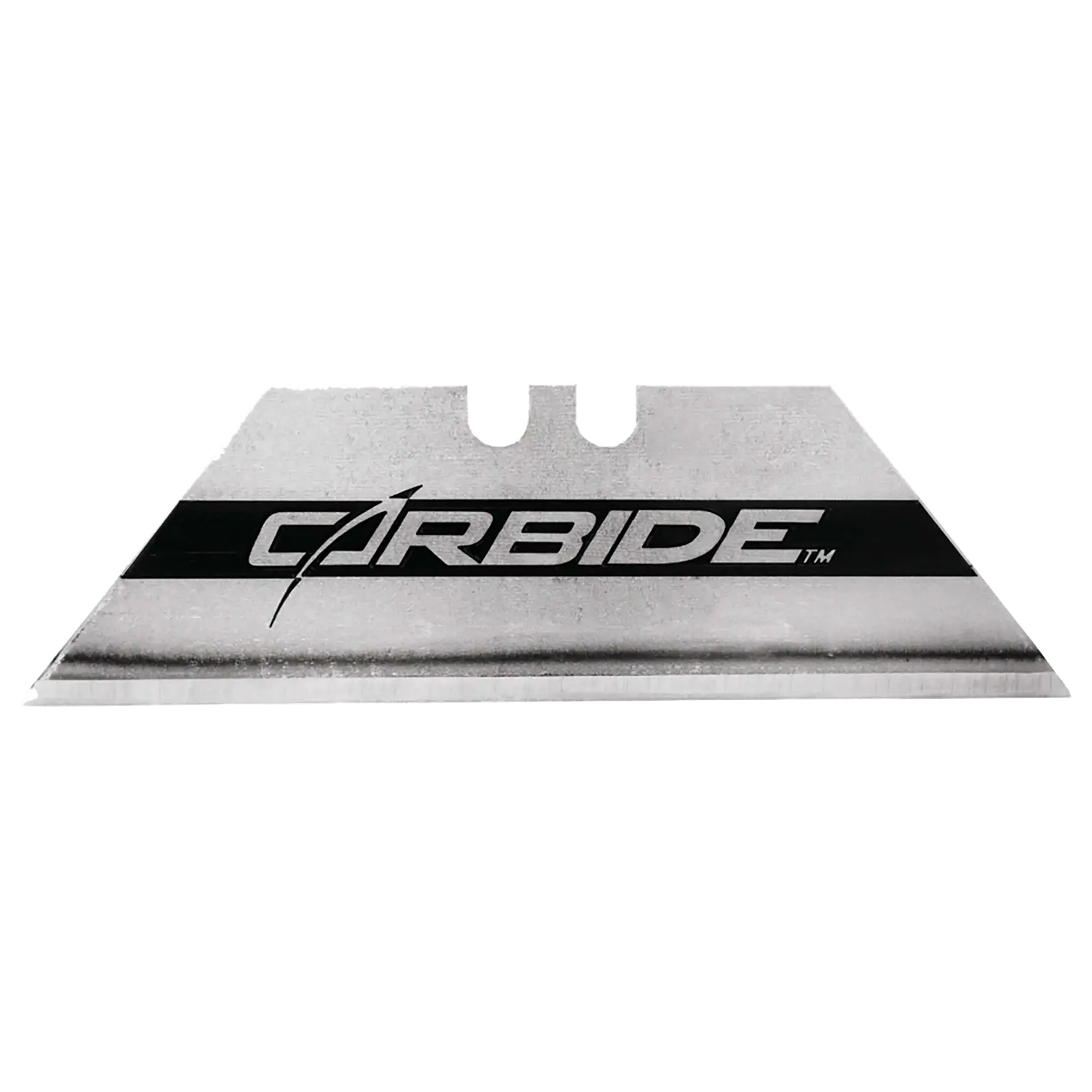 Stanley trapezoid utility knife blade with carbide label, straight-on angle, silver with black stripe