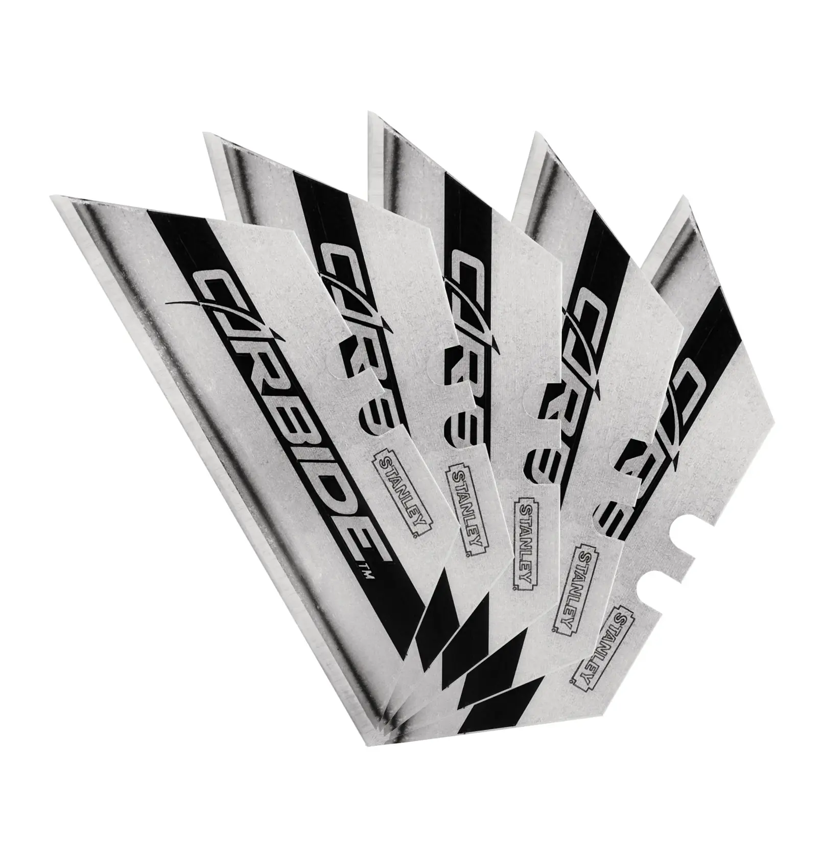 Photo of STANLEY 11-800 utility knife blades, fan arrangement, silver with black CARBIDE branding, angled view.