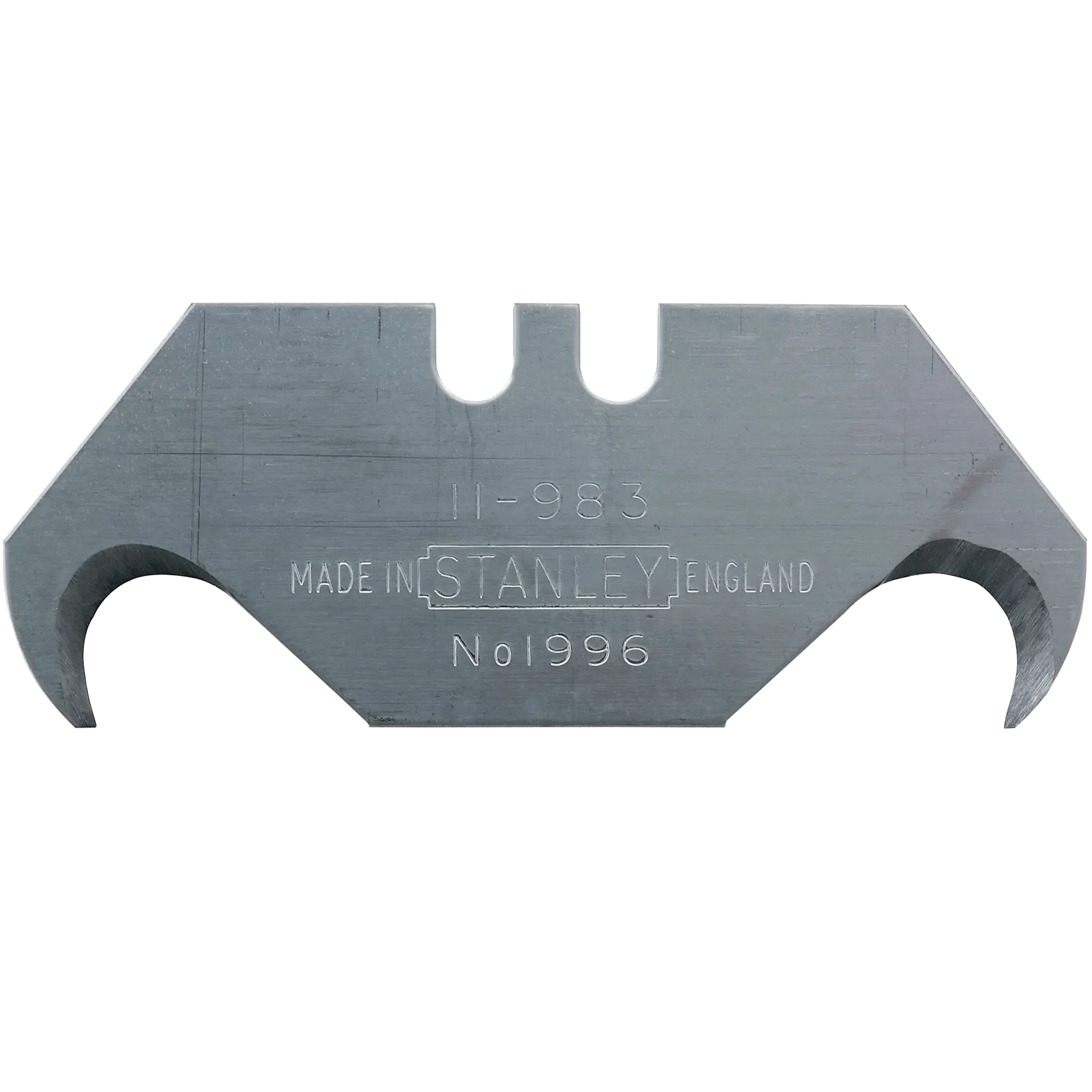 Stanley hook blade utility knife replacement blade, SKU 11-983, silver metal, front angle on white background