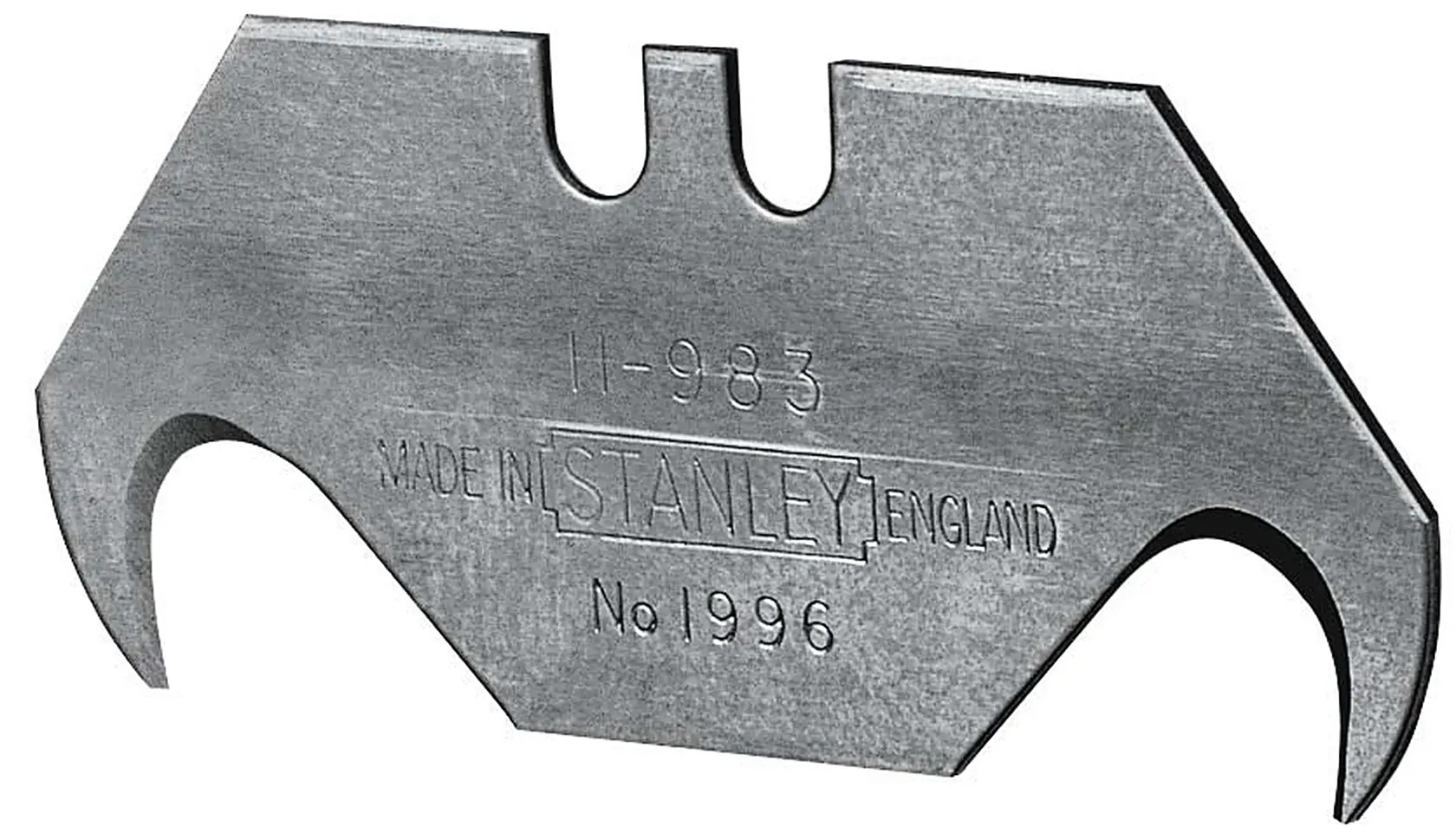 STANLEY 11-983 utility hook blade, silver metal, bat-shaped design, angled view on white background.