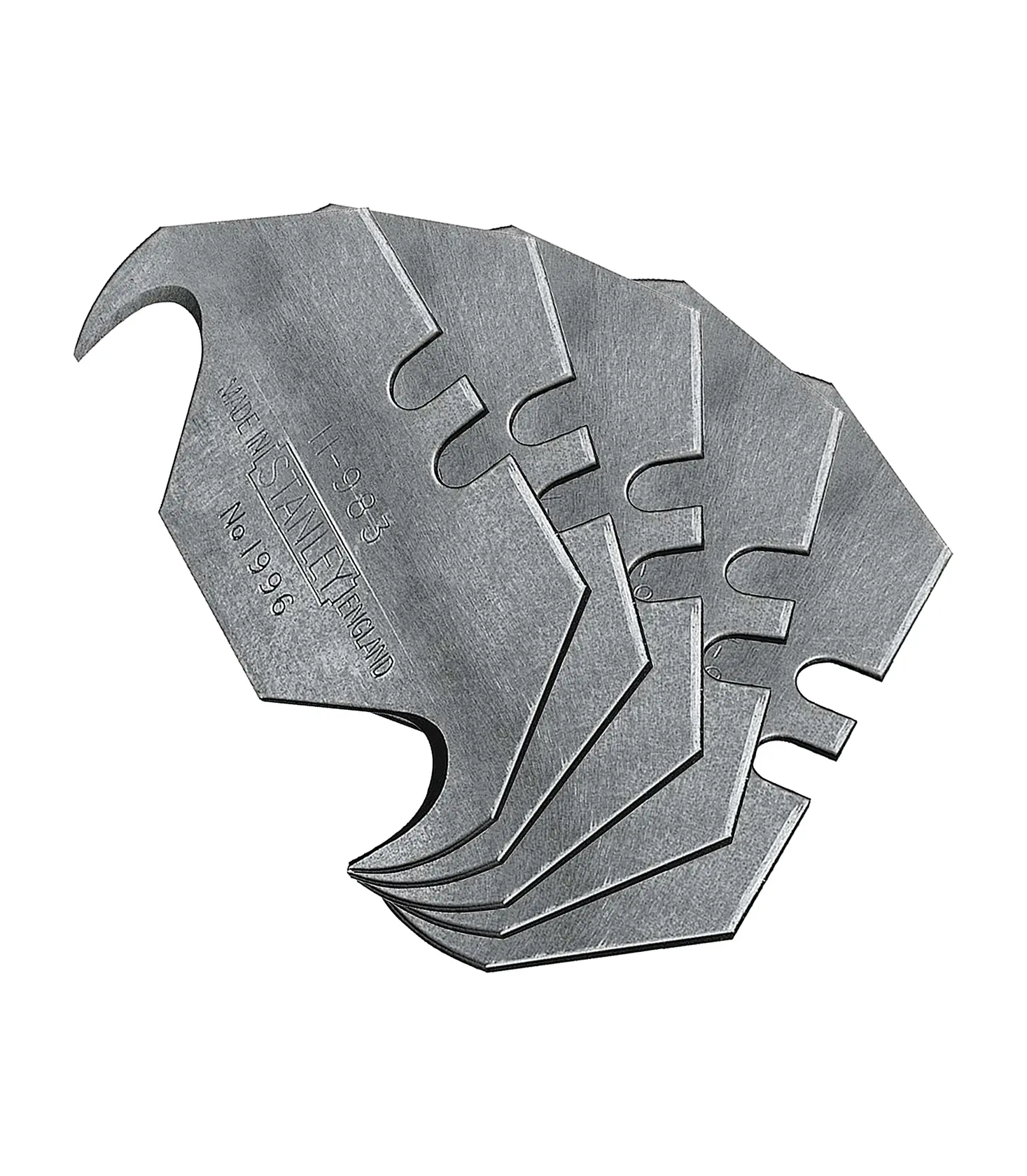 STANLEY 11-983 hook blades pack, silver steel utility blades, product top angle photo.