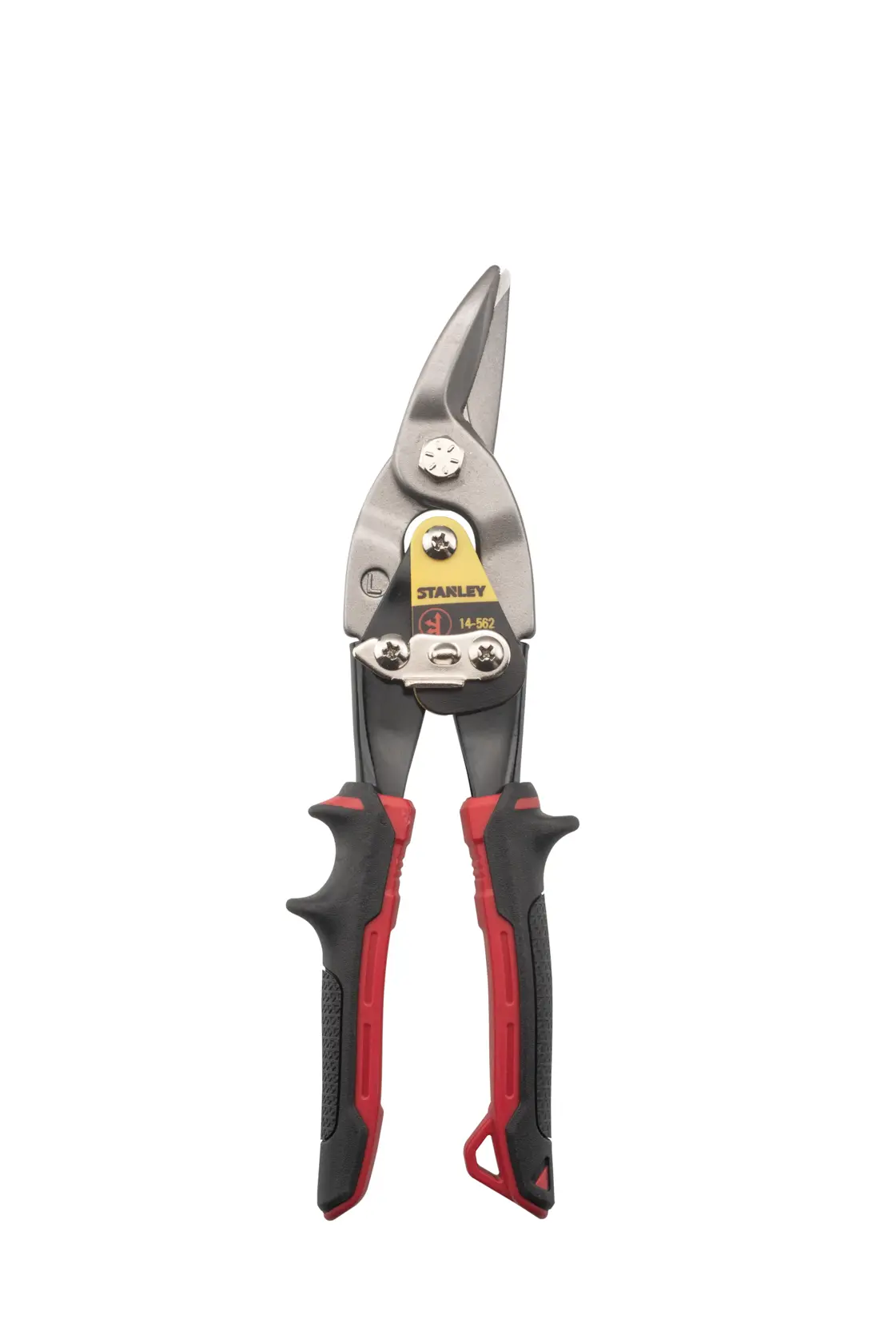 Stanley aviation snips with red and black ergonomic handles, angled metal cutting blades, front view on white background.