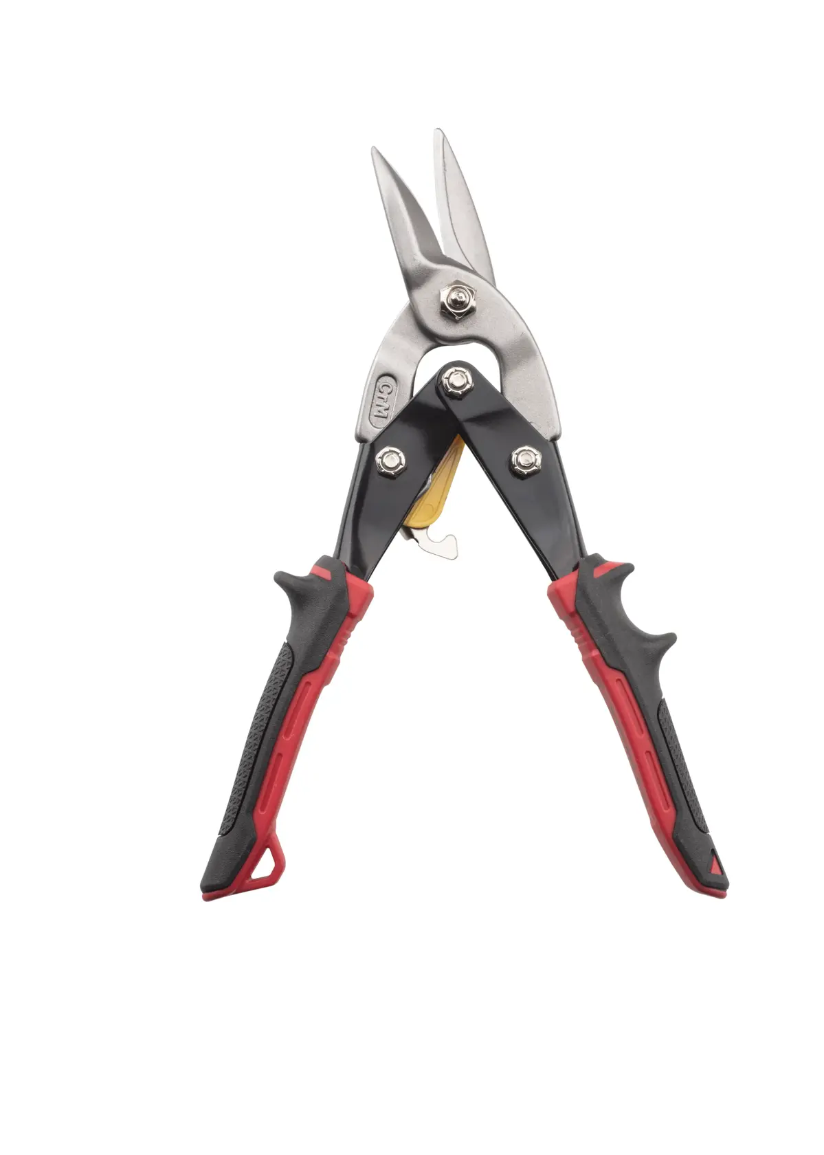 STANLEY 14-562 aviation snip with black and red handle, side view on white background.
