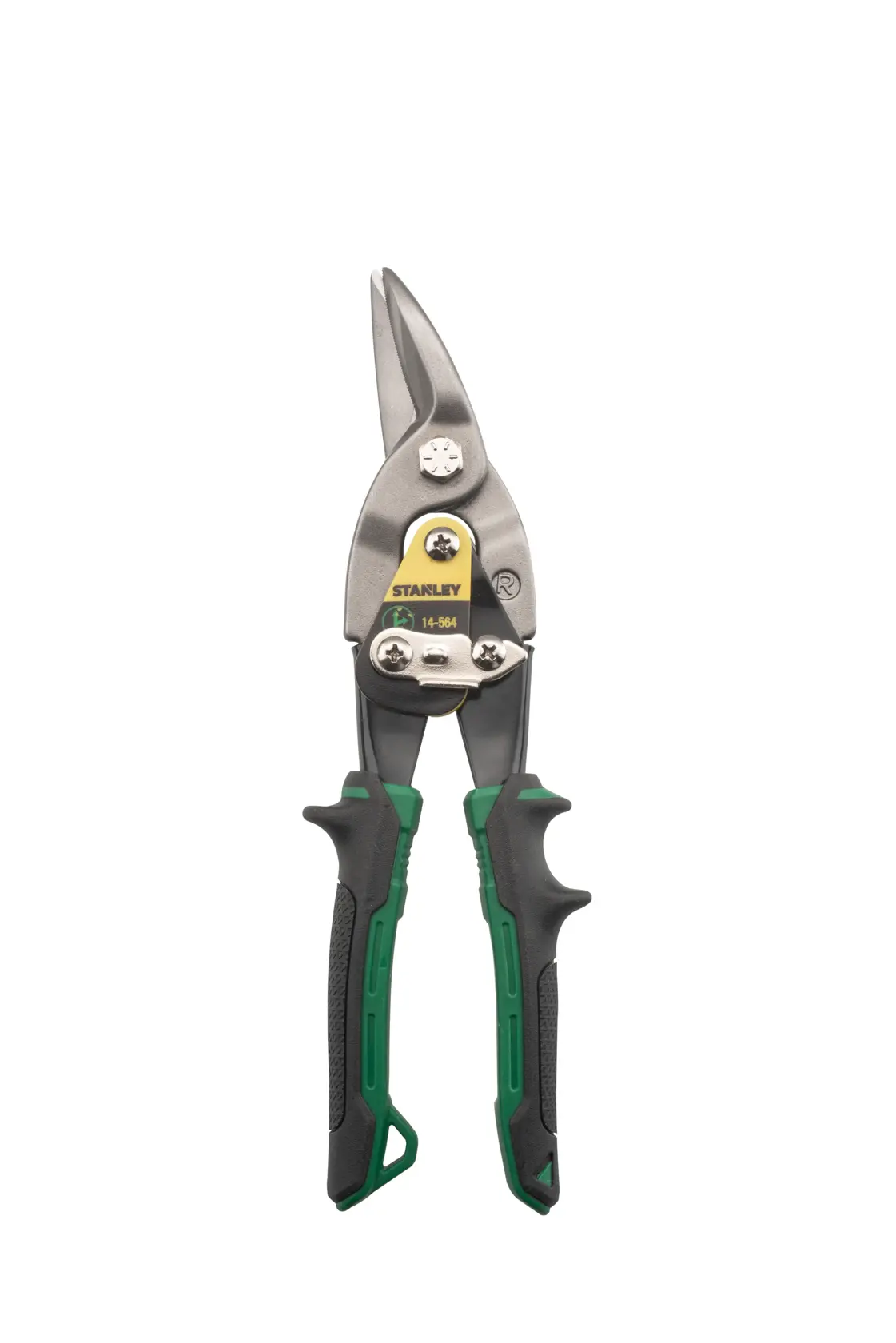 Stanley left-cut aviation snips with green and black handles, front angle on white background