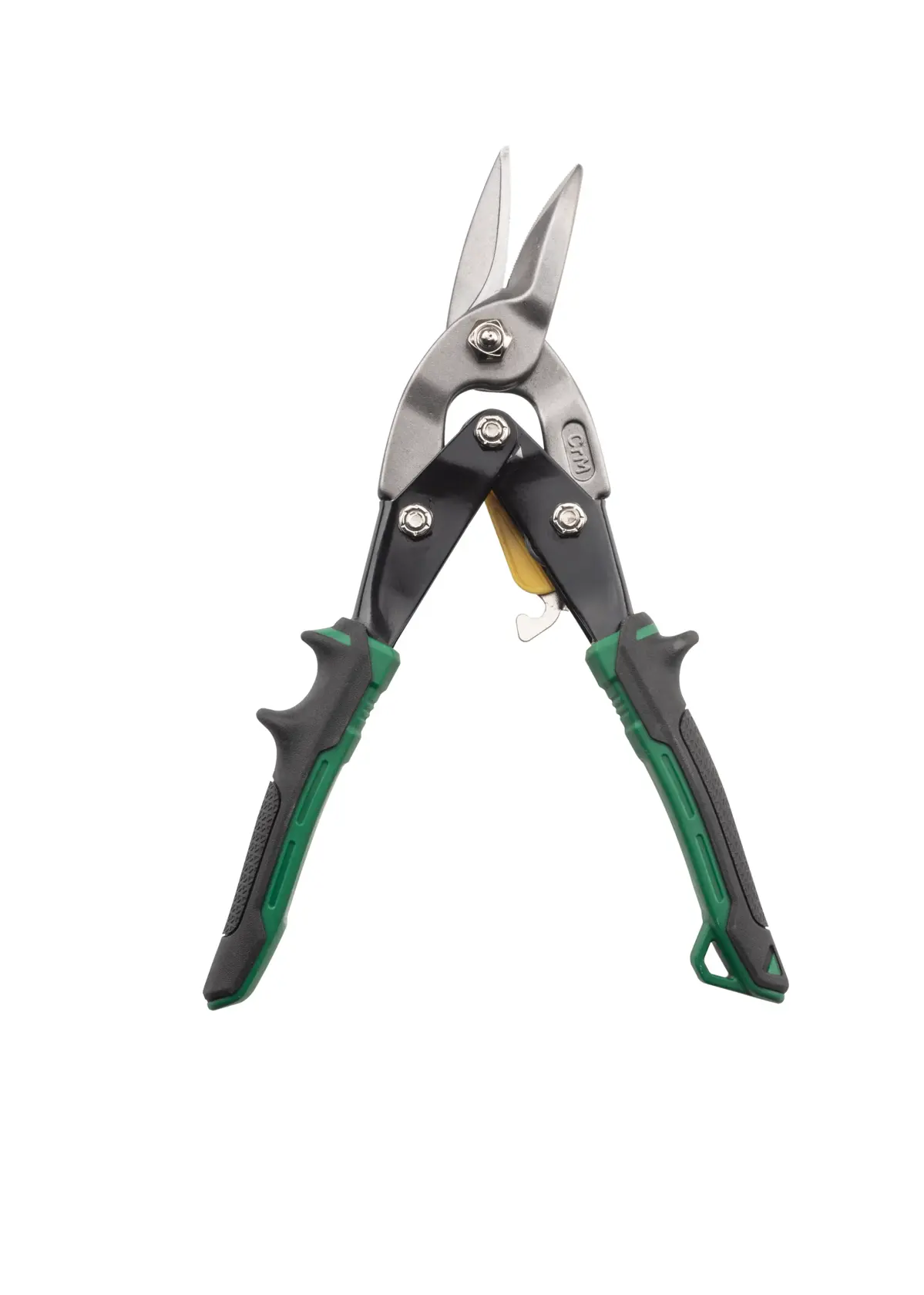STANLEY 14-564 aviation snip with green and black FatMax handles, front angle on white background.