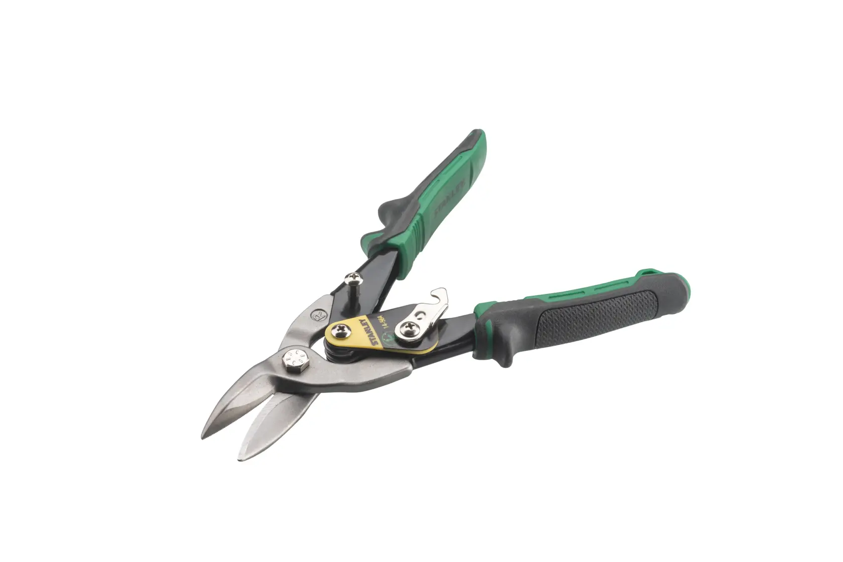 STANLEY 14-564 aviation snip with green and black ergonomic handles, product photo on white background.