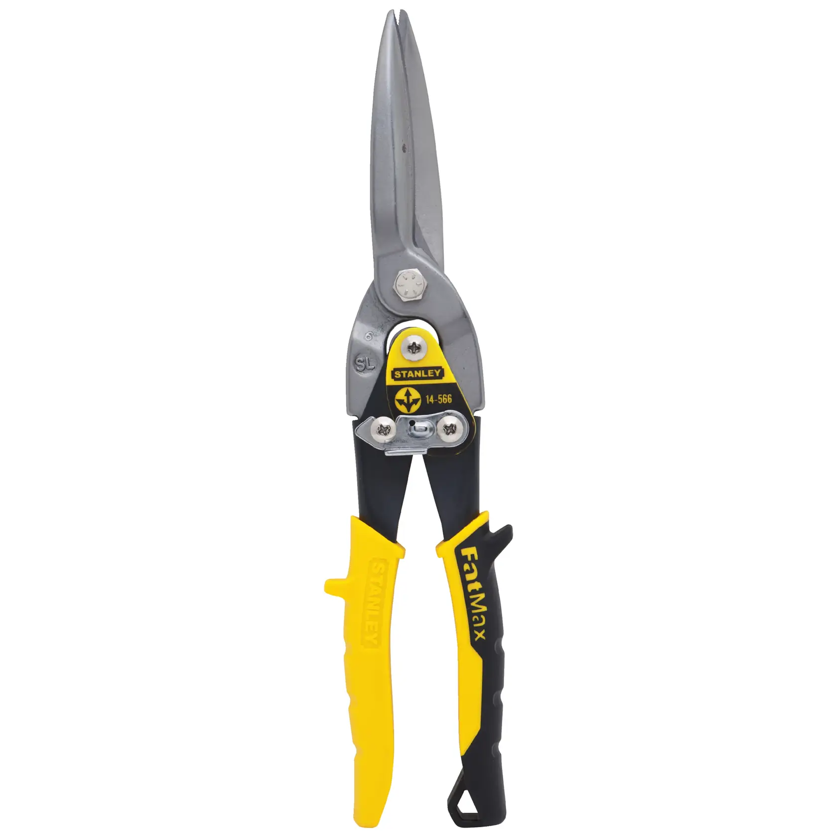STANLEY 14-566 straight aviation snips with yellow and black handles, front view on white background.