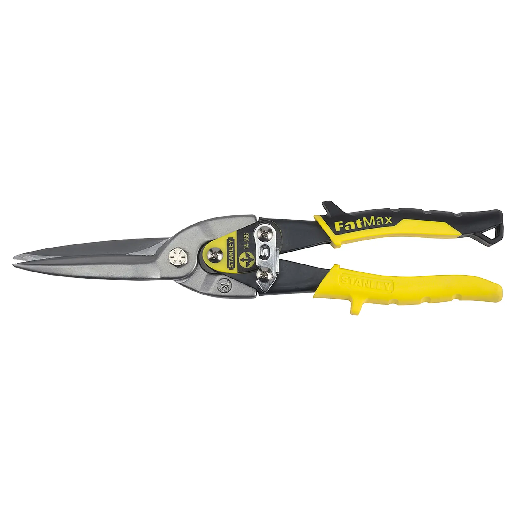 STANLEY 14-566 FatMax aviation snips with yellow and black handle, side angle photo.