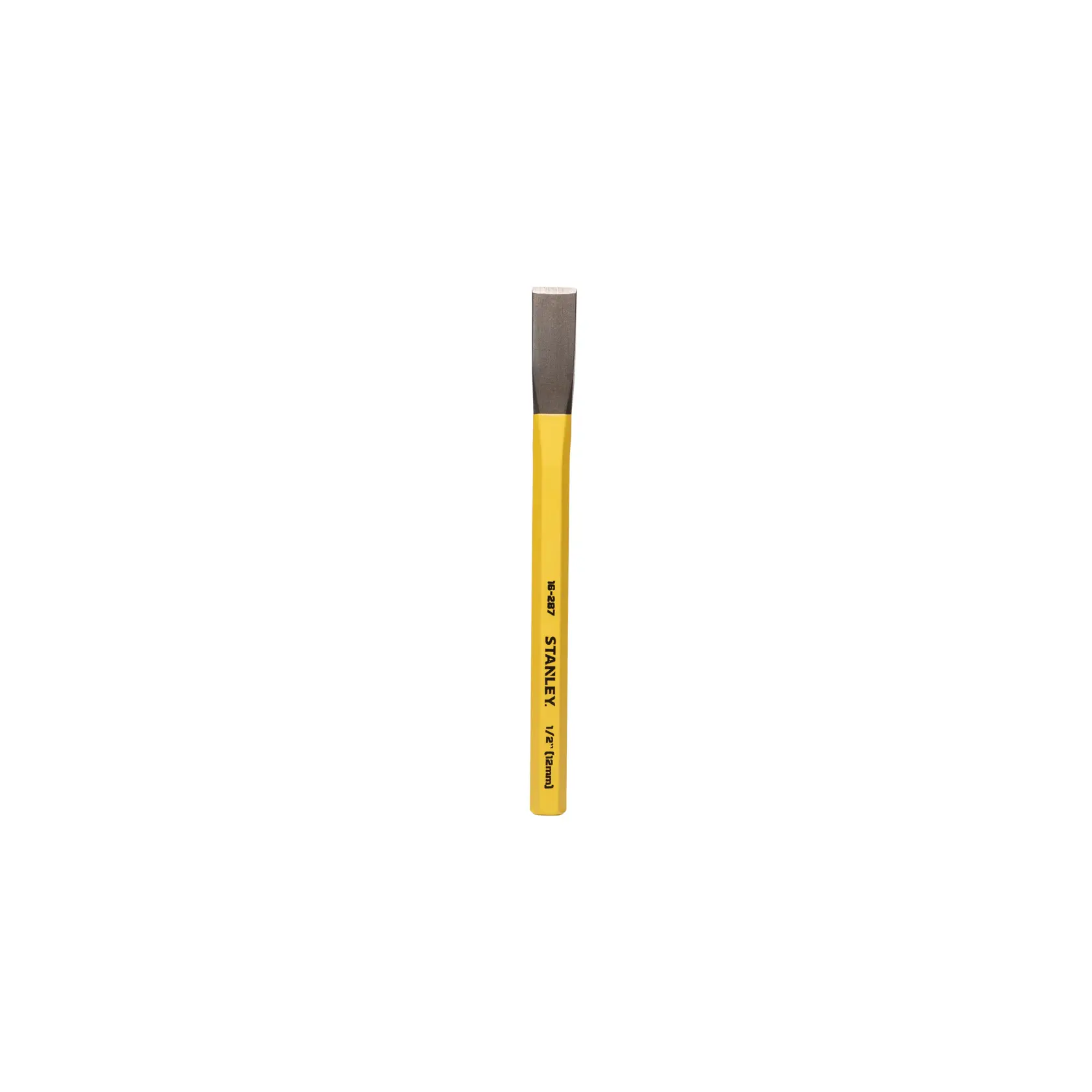 A Stanley brand cold chisel with a yellow handle and a flat metal cutting edge, SKU 16-287, displayed against a white background.