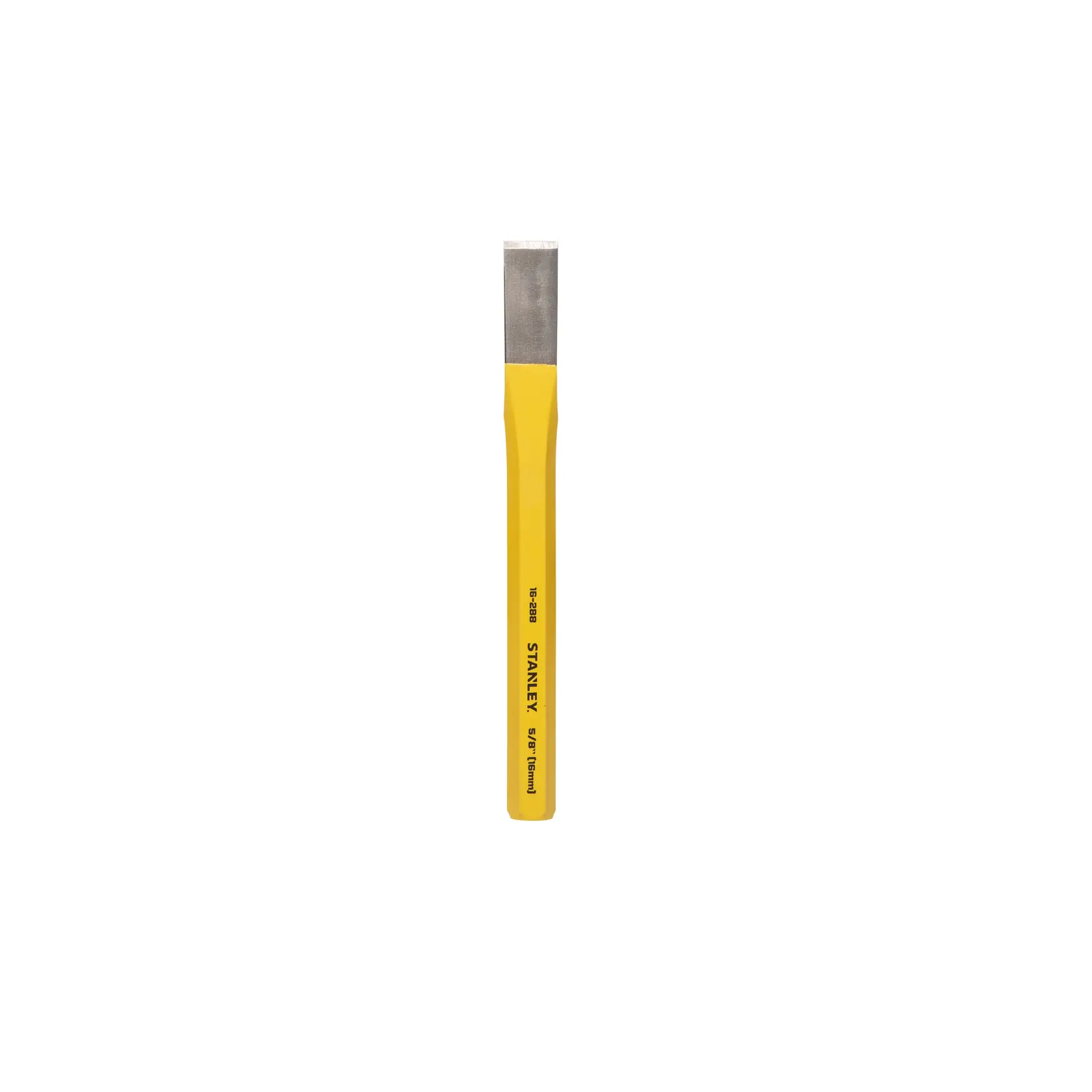 A yellow flat chisel with a metal tip, branded Stanley, designed for woodworking or construction.