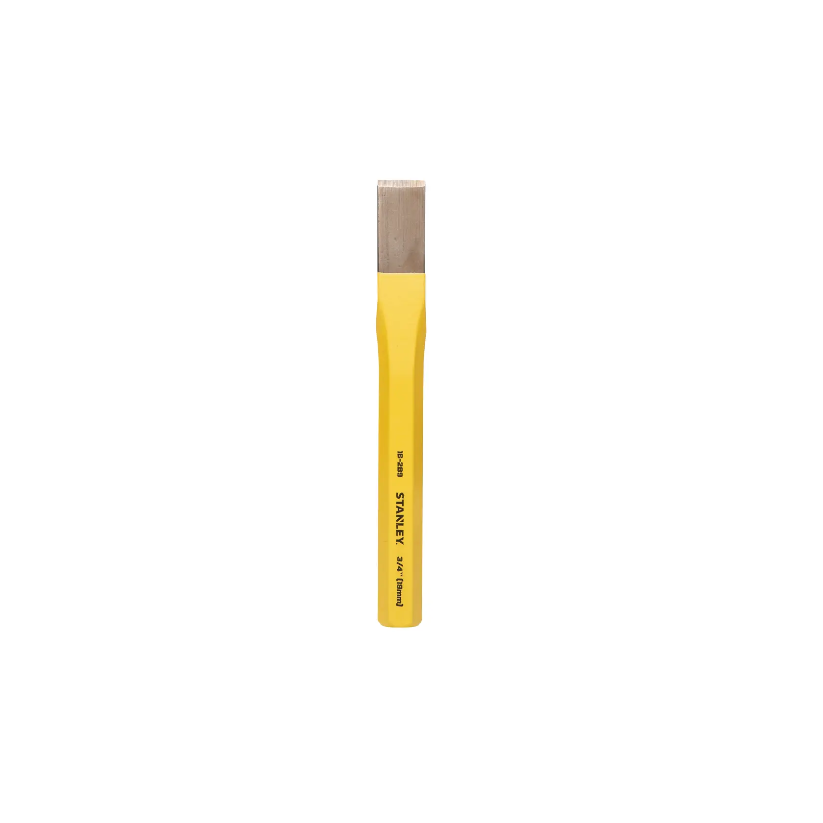 A STANLEY cold chisel with a yellow handle and a flat metal cutting edge, shown against a white background.