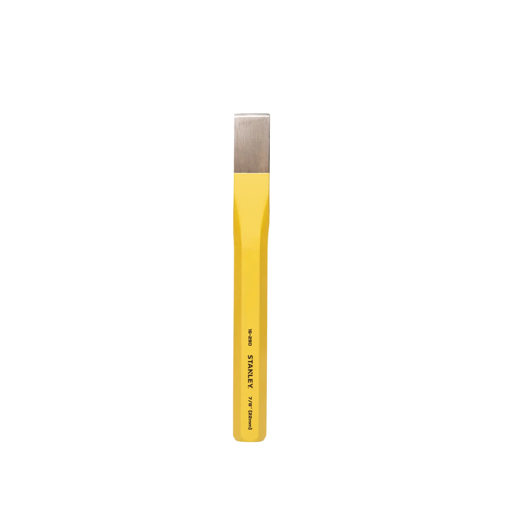 A Stanley 16-290 cold chisel with a yellow handle and a flat metal tip, photographed against a white background.