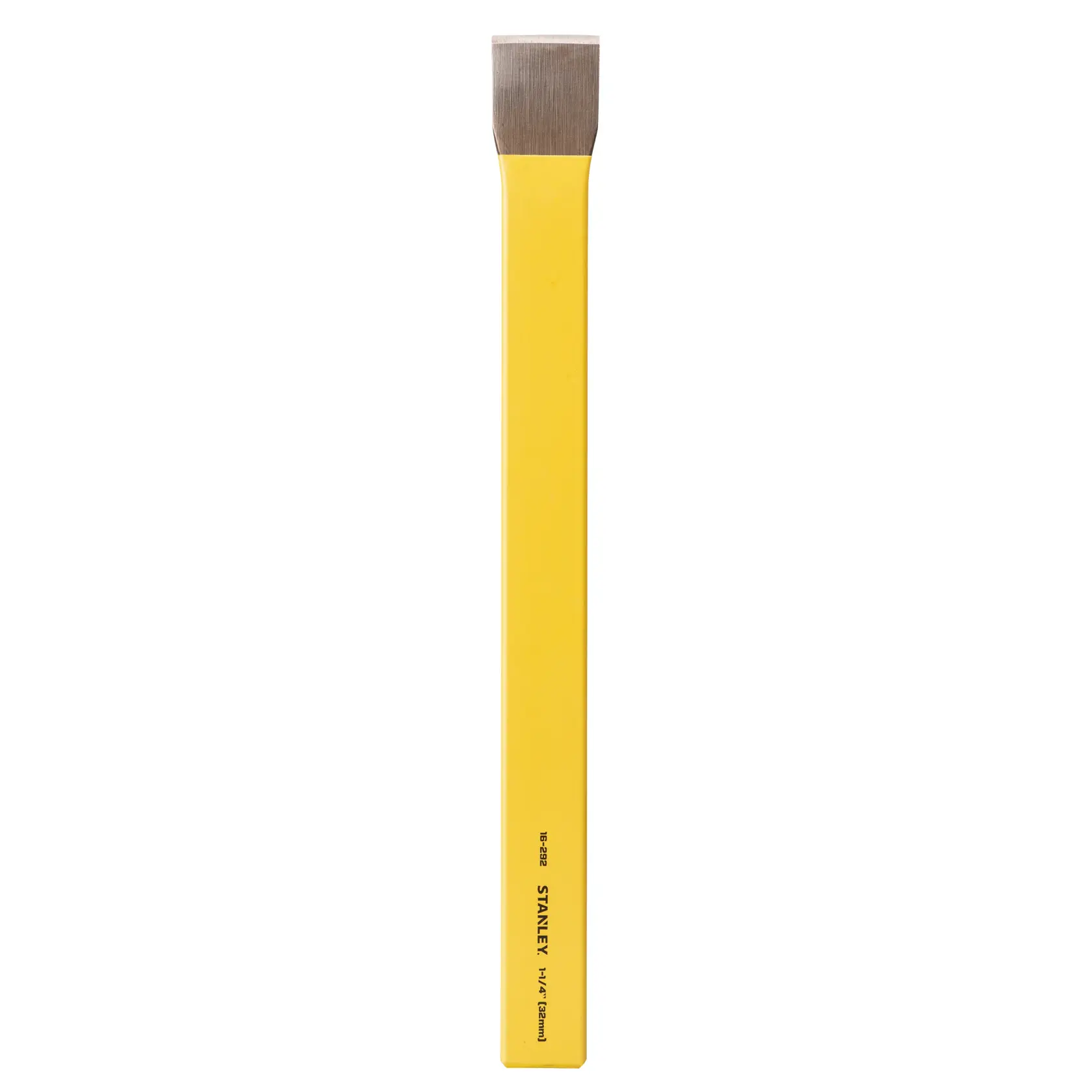 Stanley cold chisel with yellow body and black flat blade, angled side view on white background.
