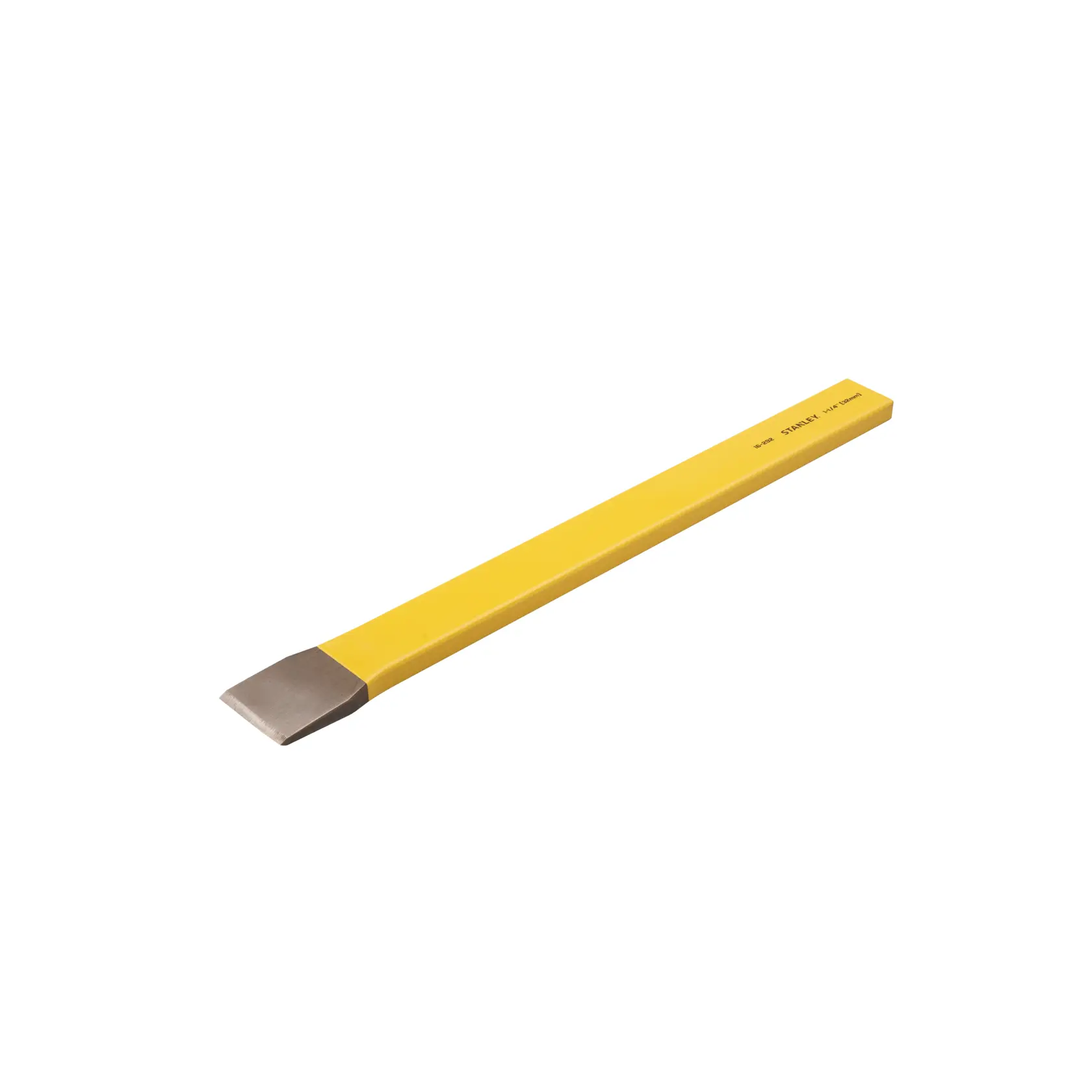 STANLEY 16-292 cold chisel, yellow steel body, flat head, side angle, hand tool photography.