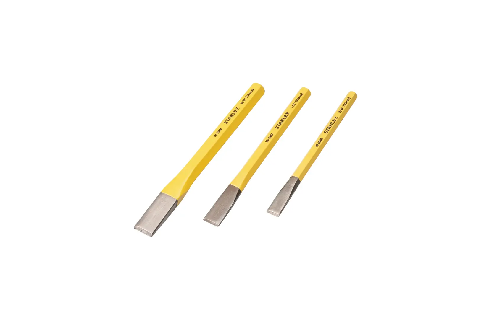 Stanley cold chisel set of three with yellow handles, black blades, flat lay on white background
