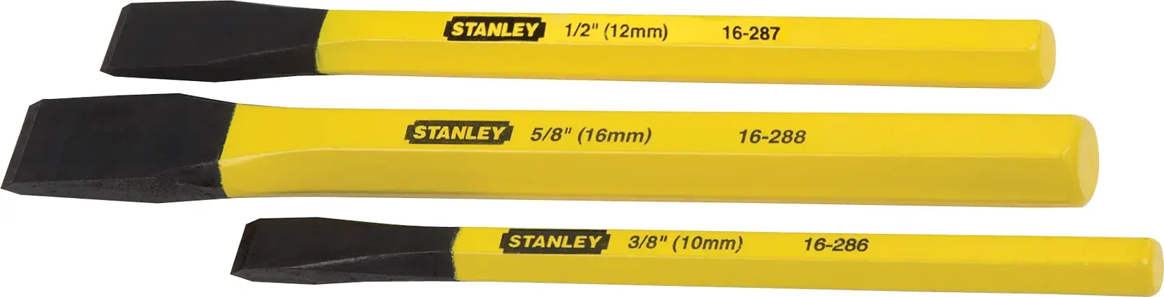 STANLEY 16-298 cold chisel set, three yellow and black chisels in varying sizes, side angle on white background.