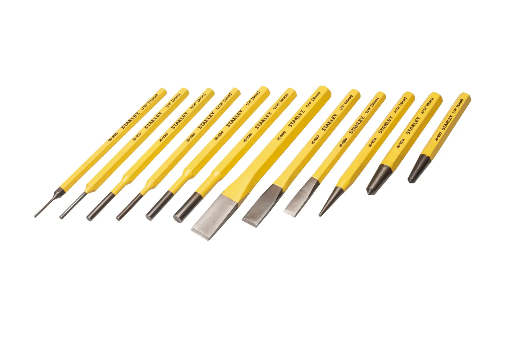 Stanley yellow and silver 12-piece punch and chisel set, front view on white background.