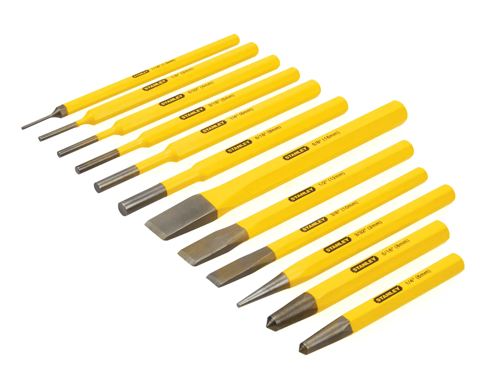 Stanley 12-piece yellow punch and chisel set, angled top view, tools with steel tips and yellow handles on white background