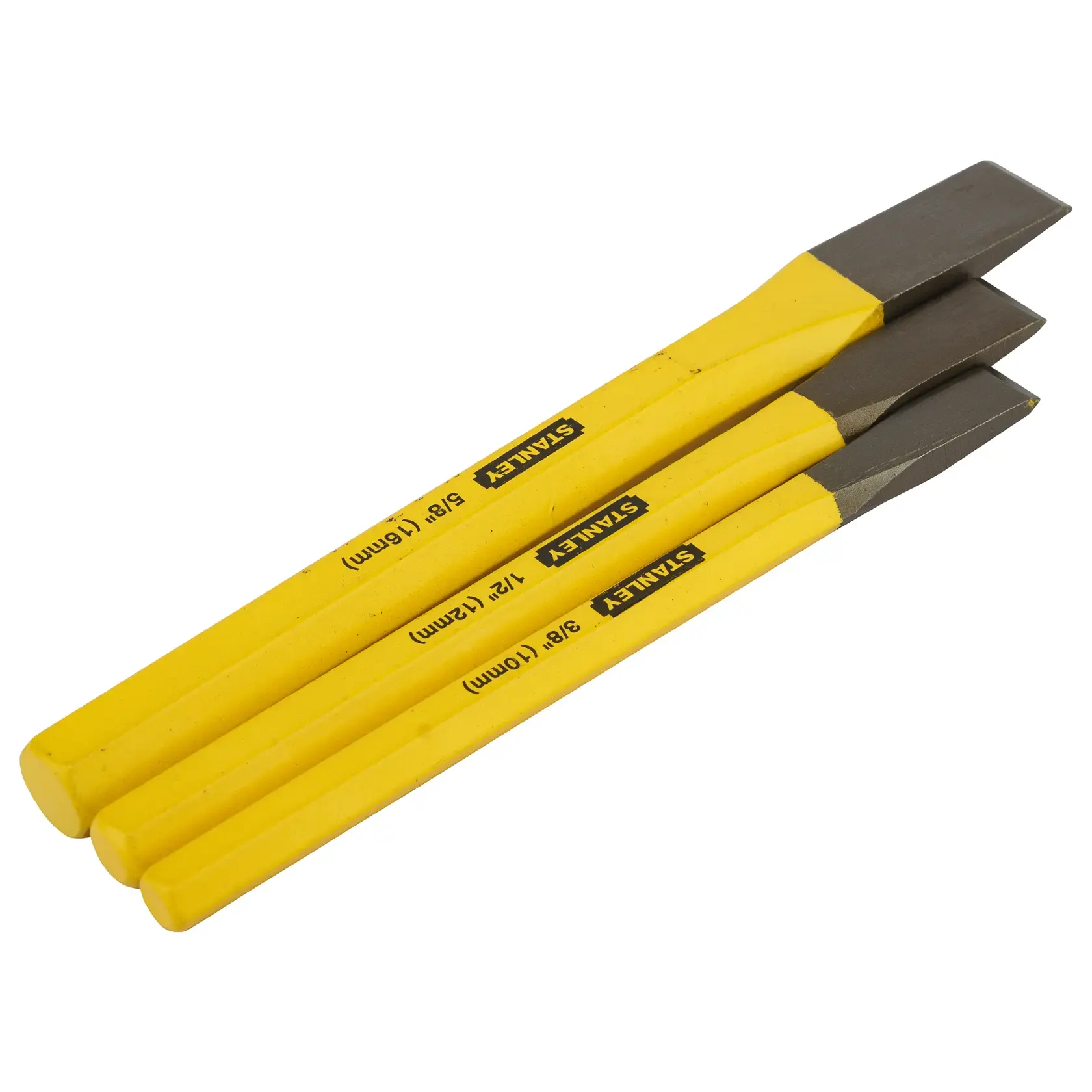 Photo of STANLEY 16-299 cold chisel set, three yellow steel chisels with labeled handles on white background.